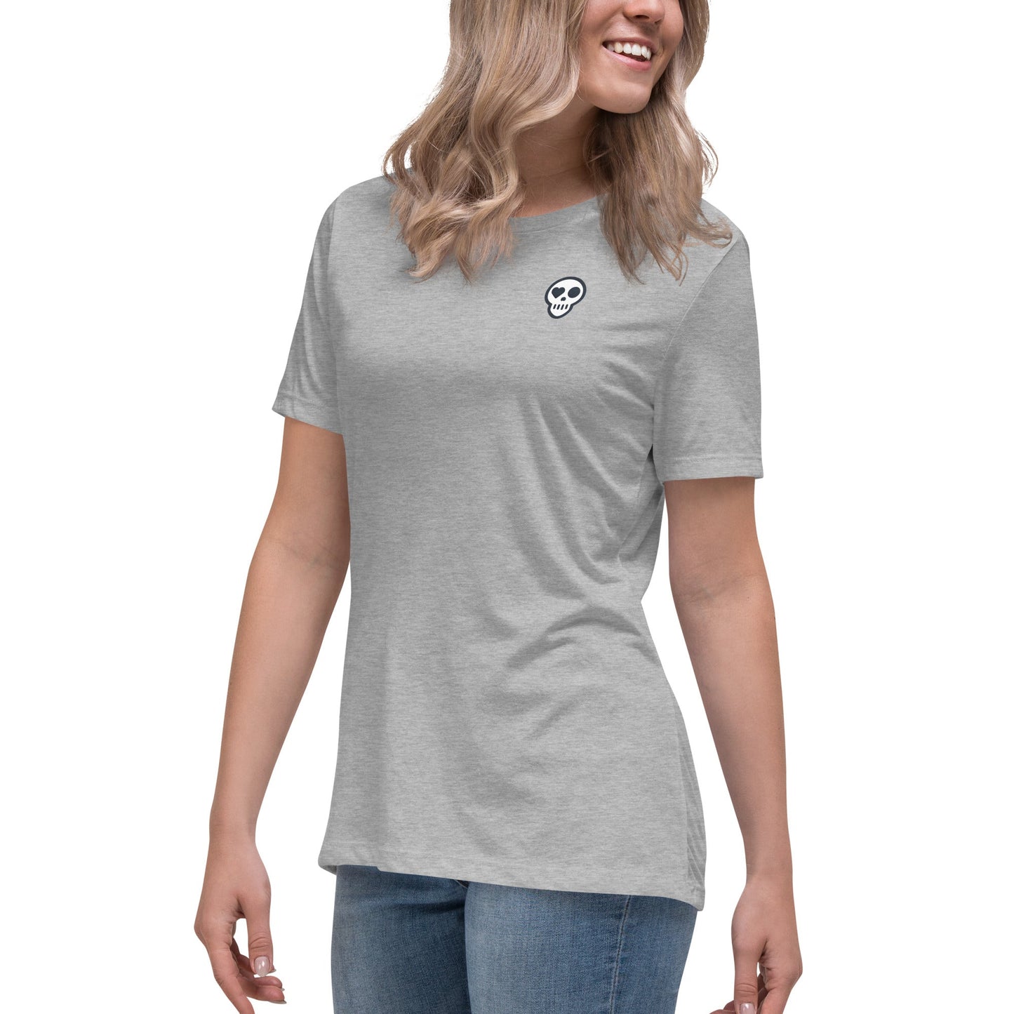 A Athletic Heather / S womens_Echo Tee from Phobea with a heart eye skull logo
