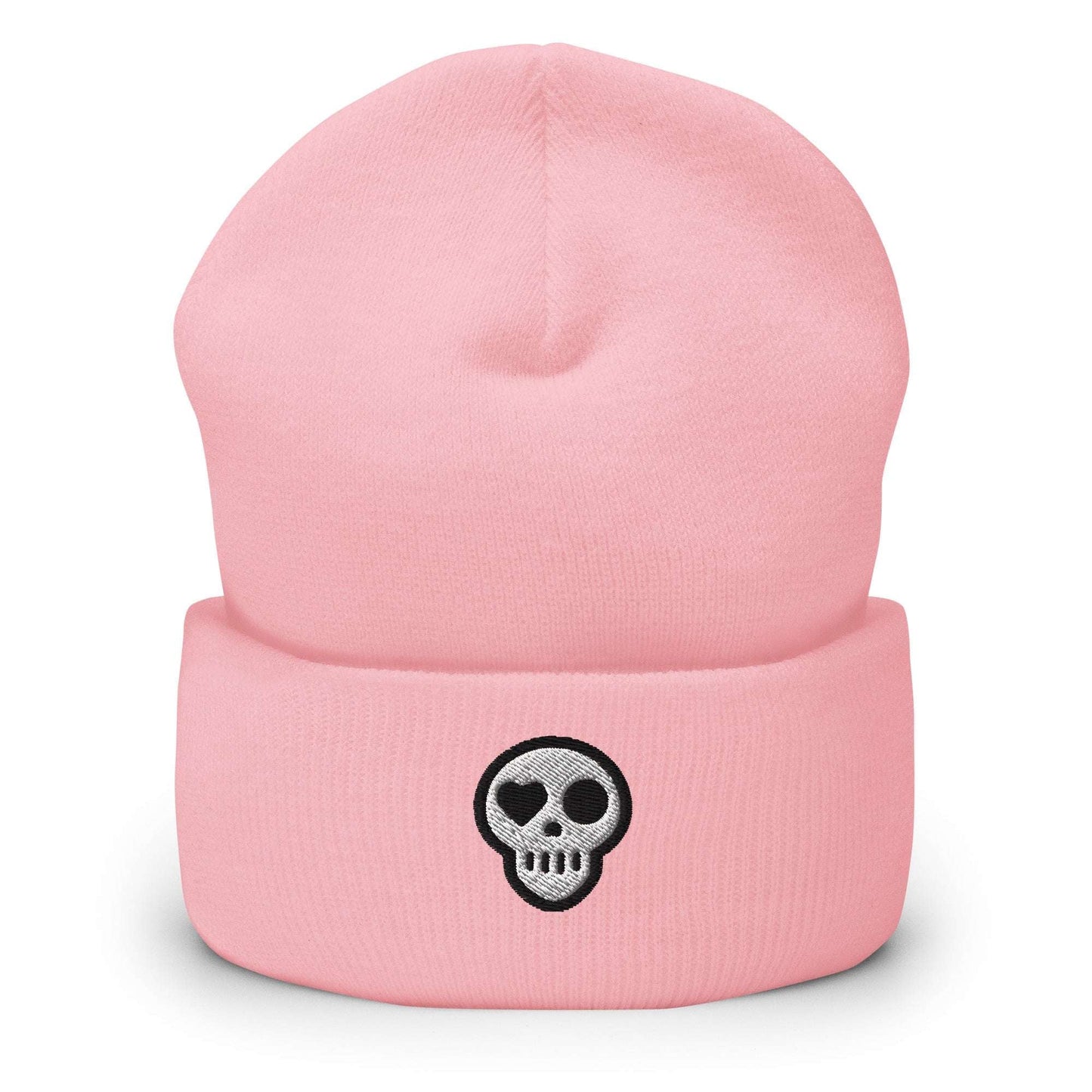 A Baby Pink Hats - Hearth Beanie from Phobea with a heart eye skull logo