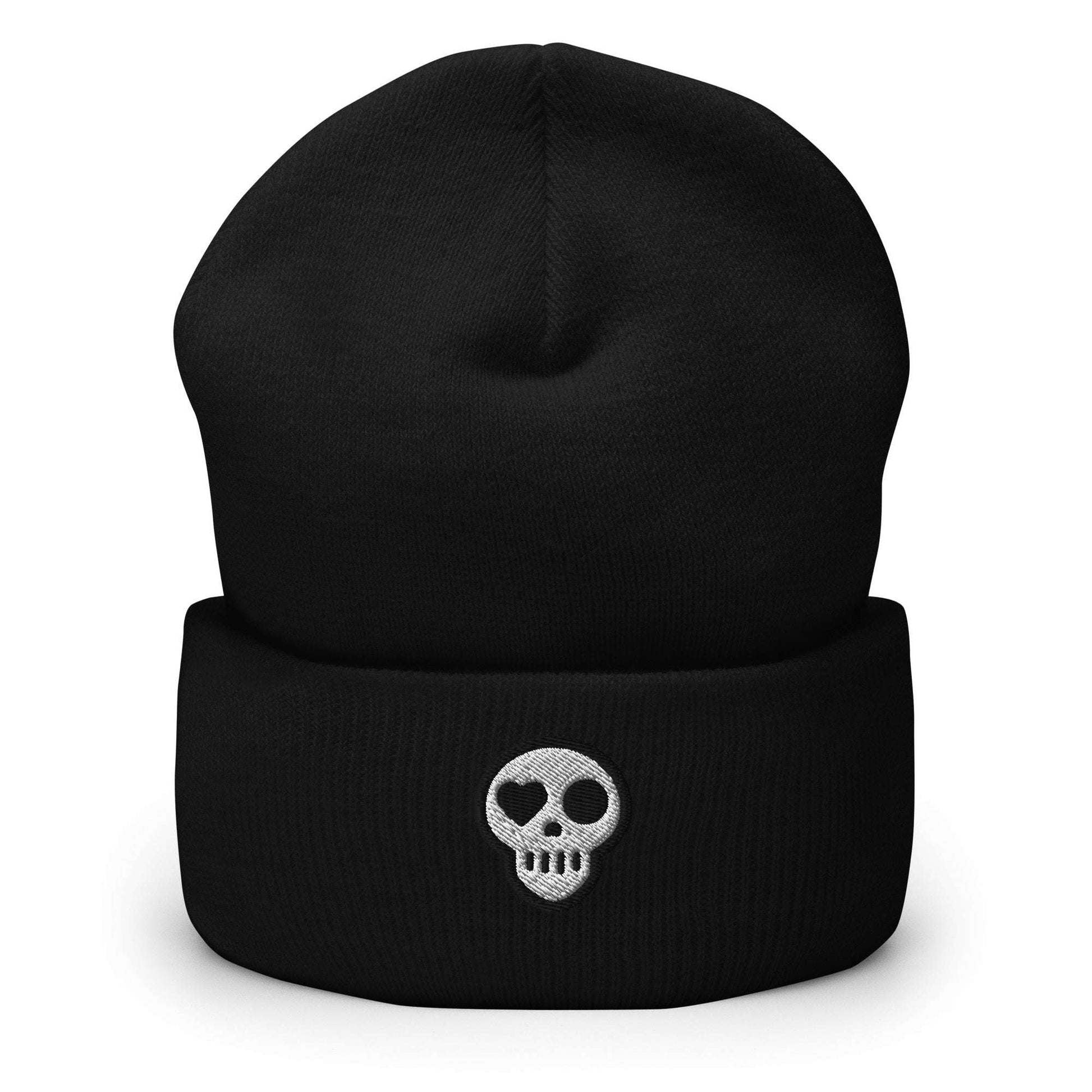 A Black Hats - Hearth Beanie from Phobea with a heart eye skull logo