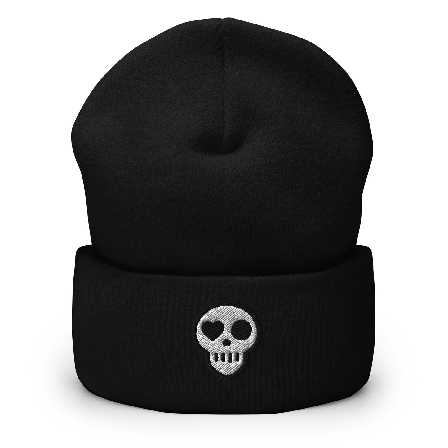 A Black hats_hearth beanie from Phobea with a heart eye skull logo