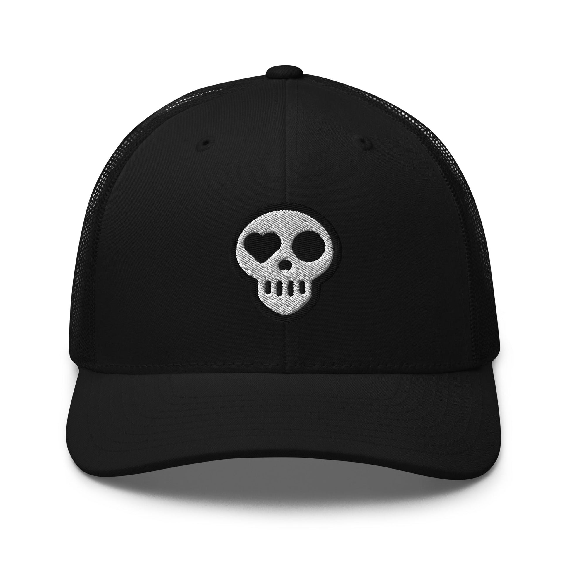 A Black hats_nomad trucker from Phobea with a heart eye skull logo
