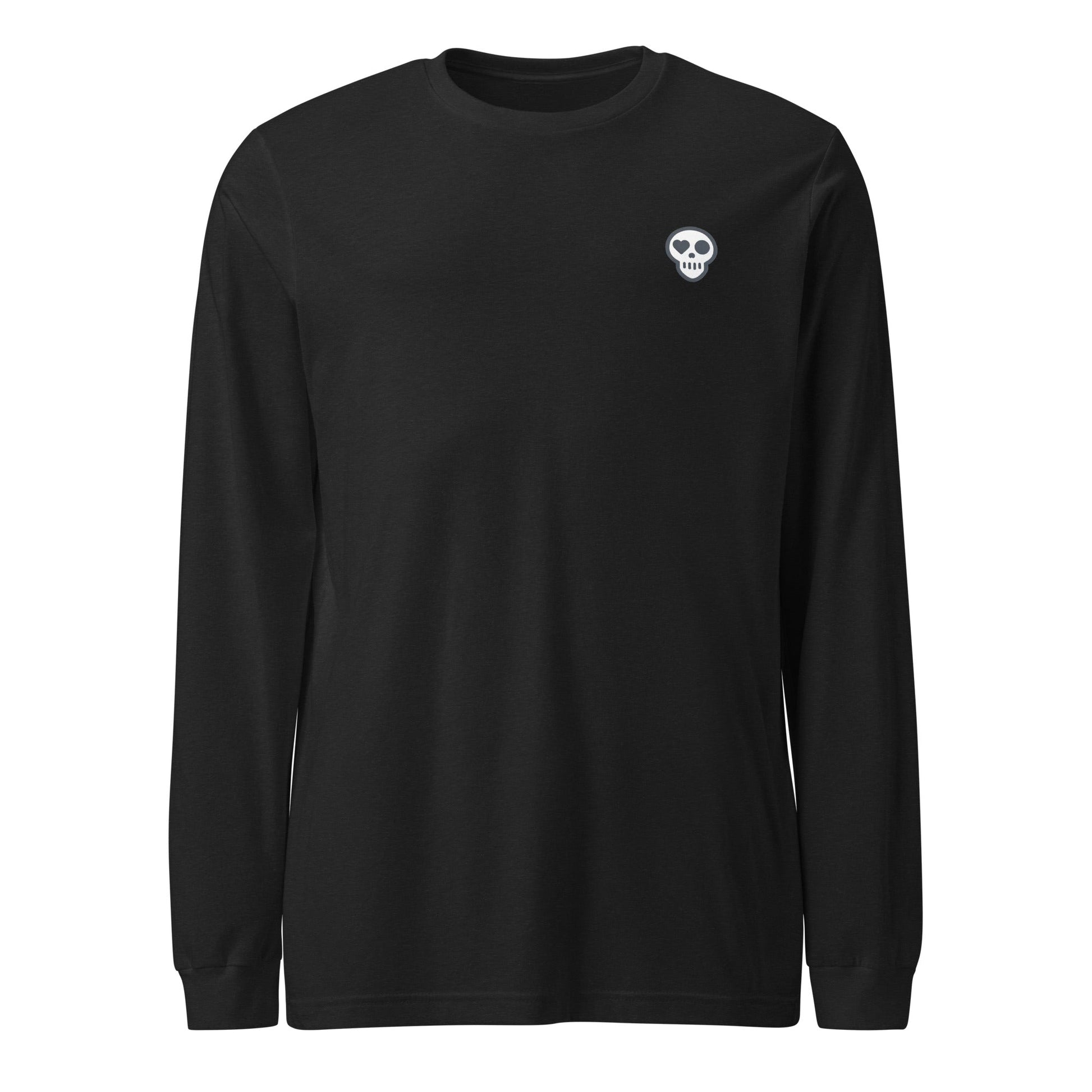 A Black Heather / XS unisex_rest_tee_longsleeve from Phobea with a heart eye skull logo