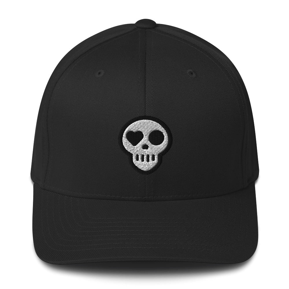 A Black / S/M hats_fitted eclipse cap from Phobea with a heart eye skull logo