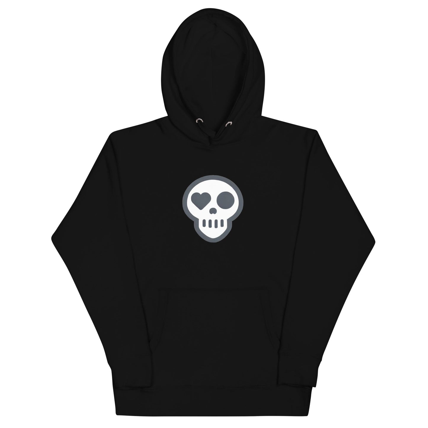 A Black / S unisex_Afterlife Hoodie from Phobea with a heart eye skull logo