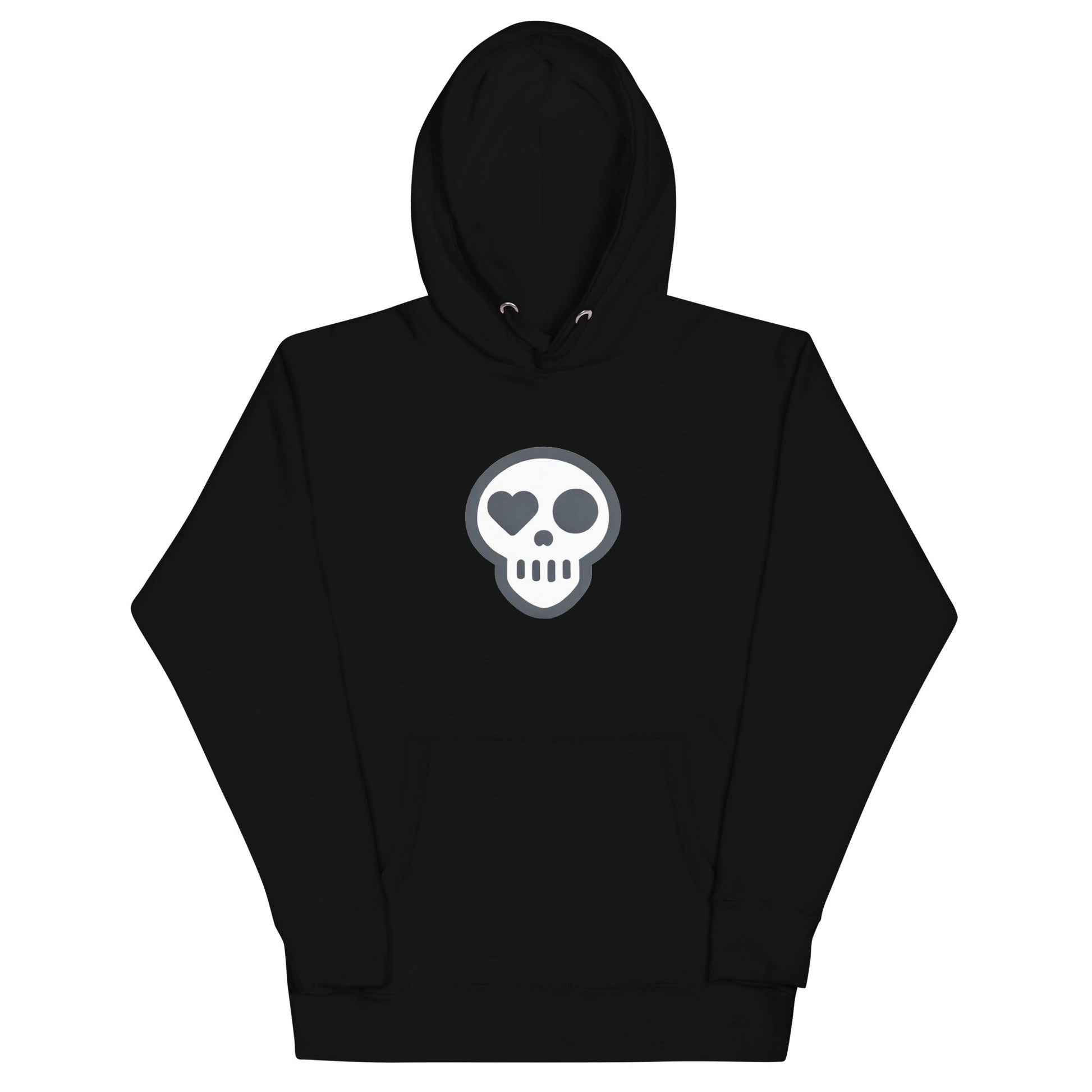 A Black / S unisex_Afterlife Hoodie from Phobea with a heart eye skull logo