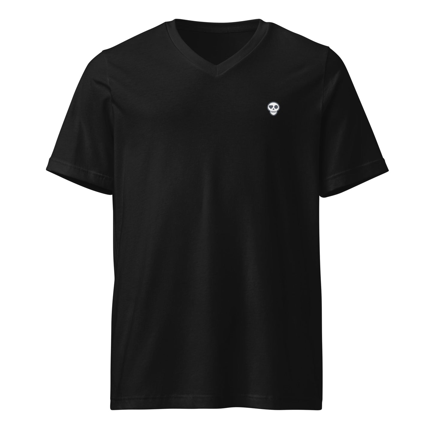 A Black / S unisex_Crossroads V-neck from Phobea with a heart eye skull logo