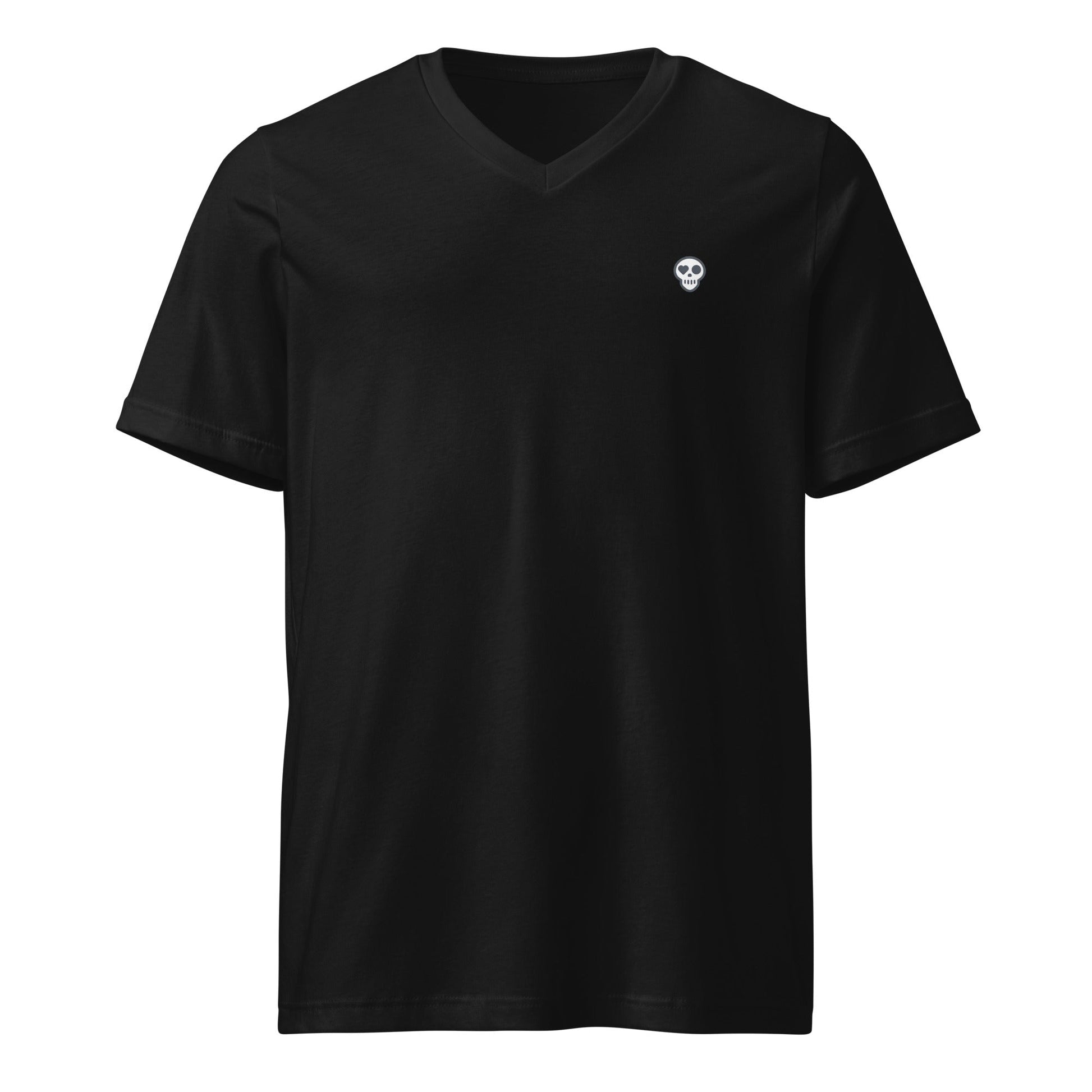 A Black / S unisex_Crossroads V-neck from Phobea with a heart eye skull logo