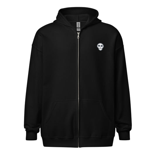 A Black / S unisex_phantom zip from Phobea with a heart eye skull logo