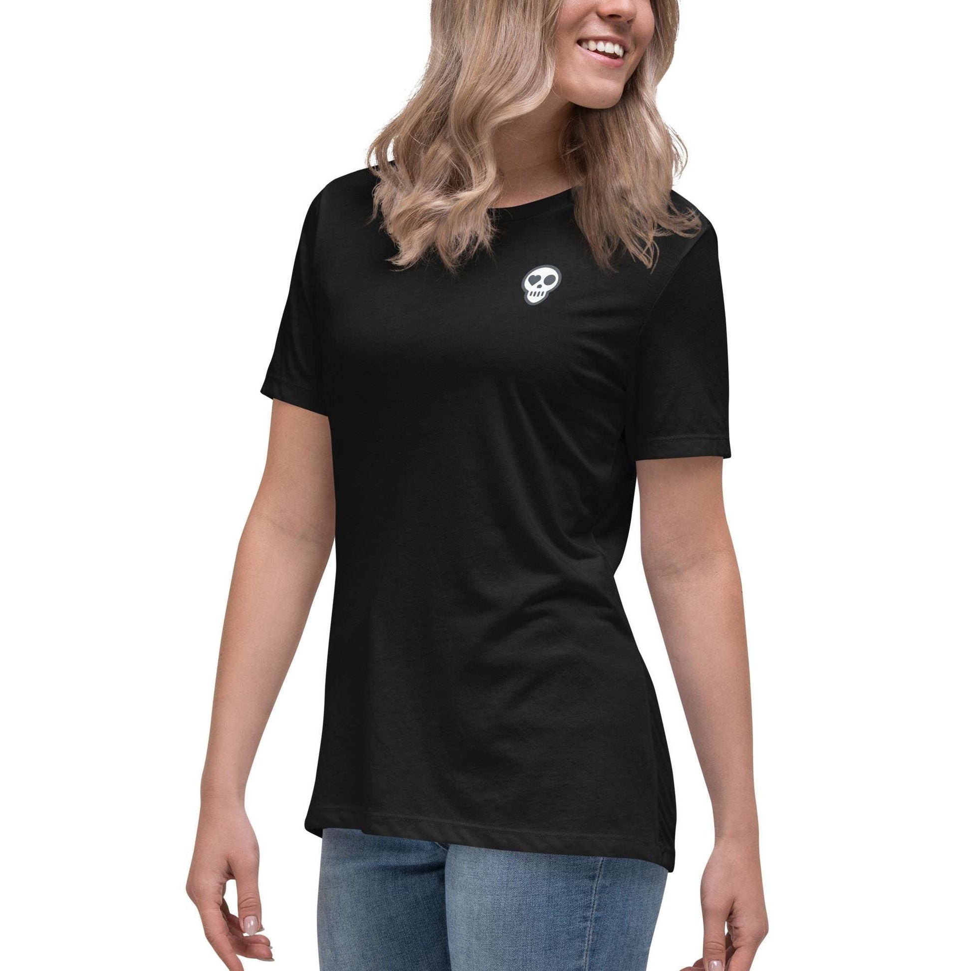 A Black / S womens_Echo Tee from Phobea with a heart eye skull logo