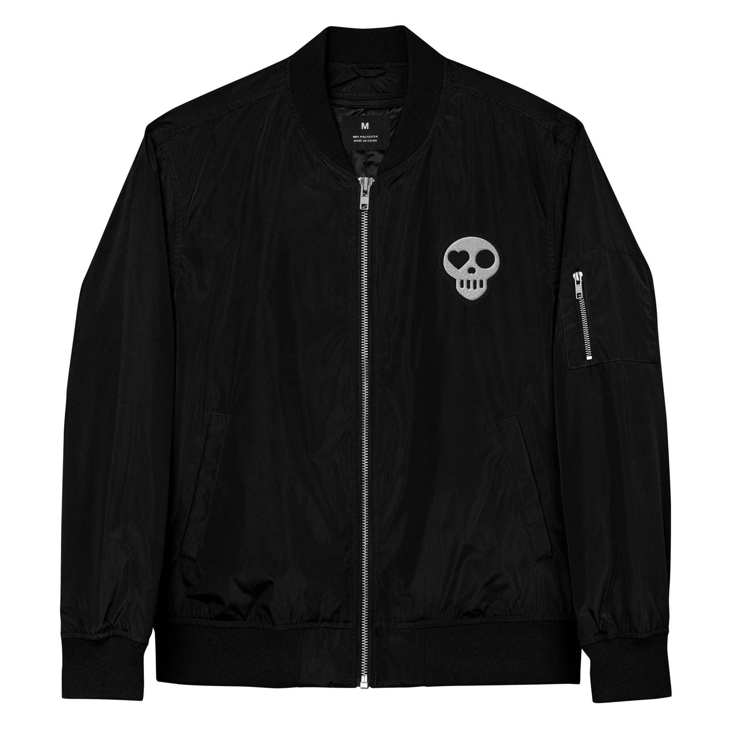 A Black / XS unisex_Revenant Bomber from Phobea with a heart eye skull logo