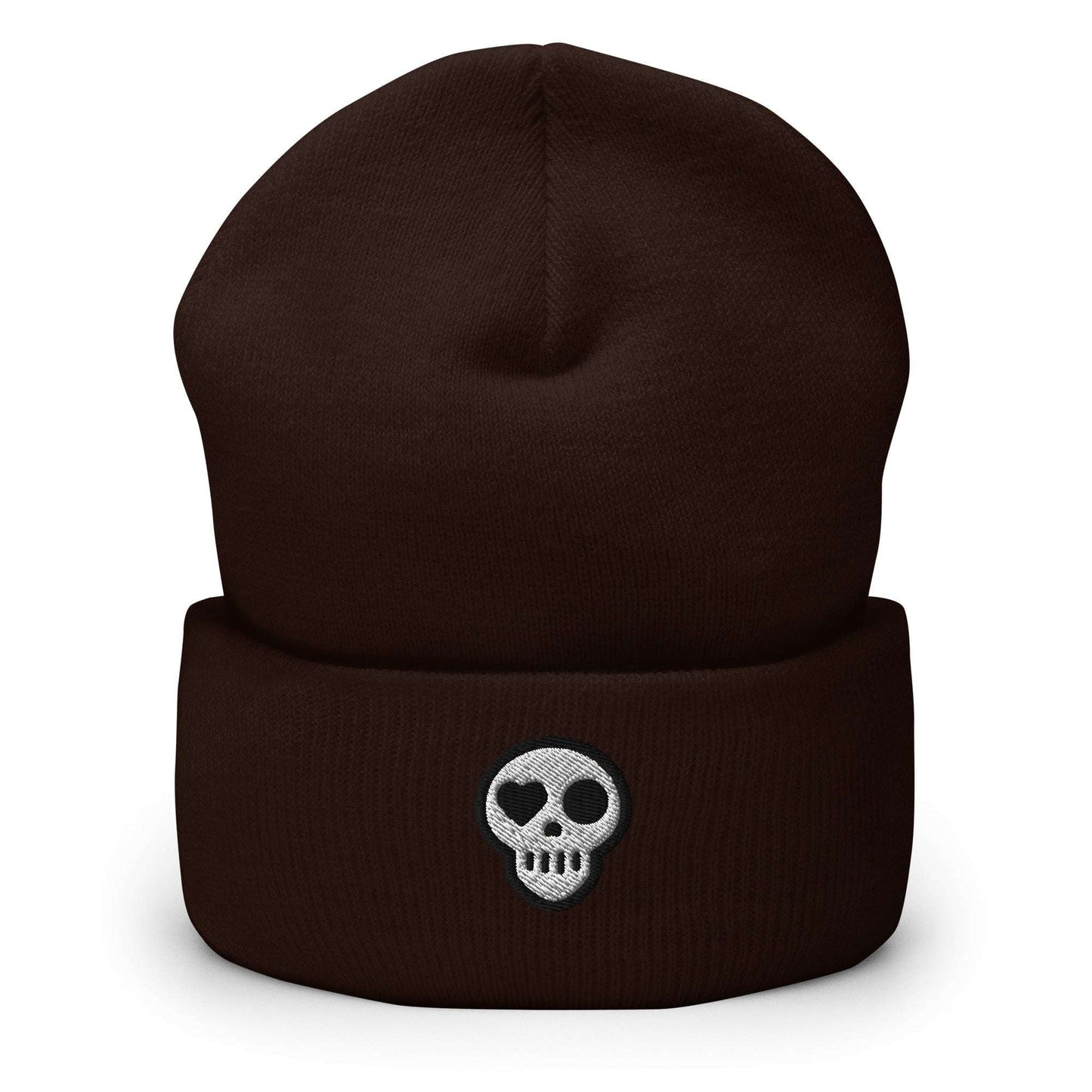 A Brown Hats - Hearth Beanie from Phobea with a heart eye skull logo