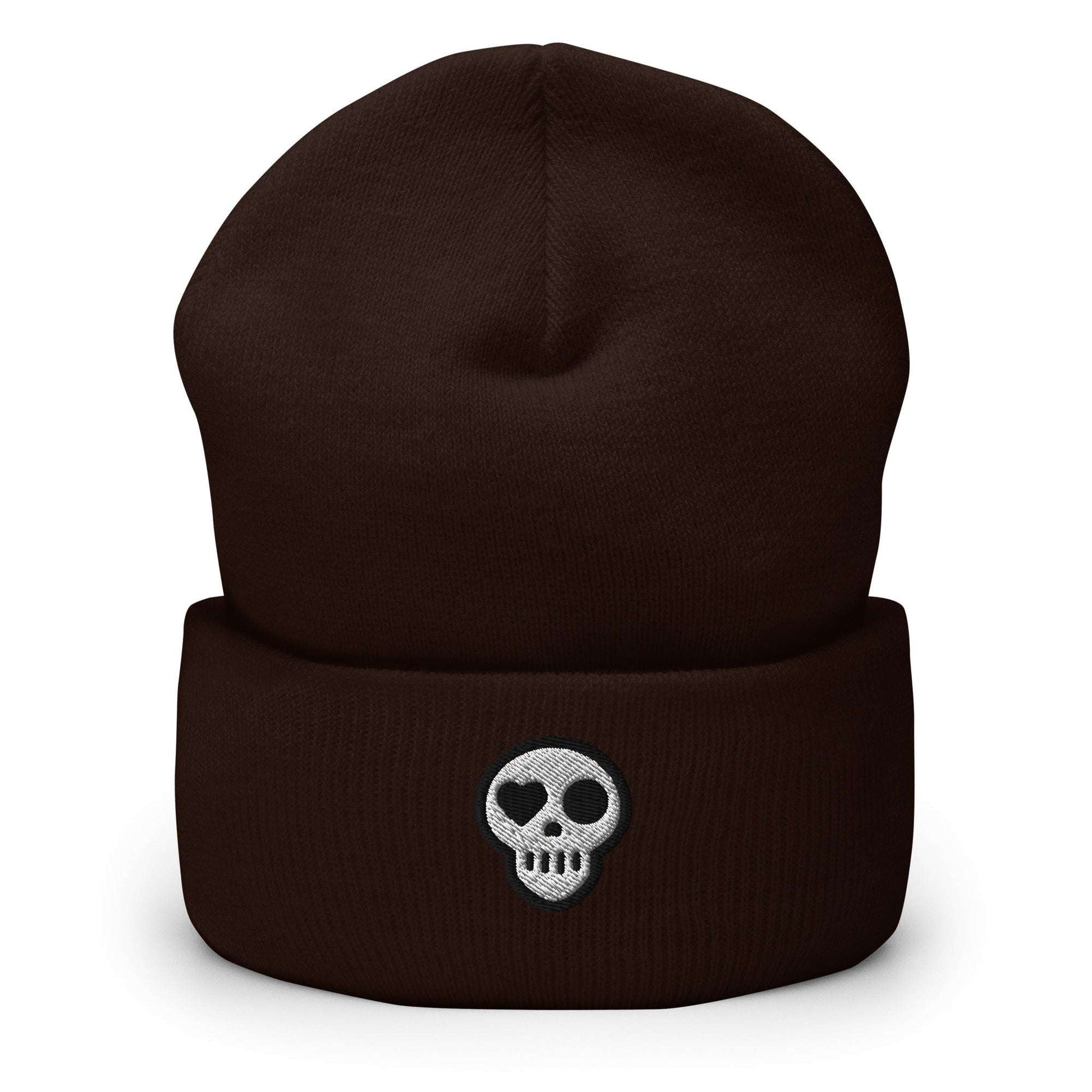 A Brown Hats - Hearth Beanie from Phobea with a heart eye skull logo