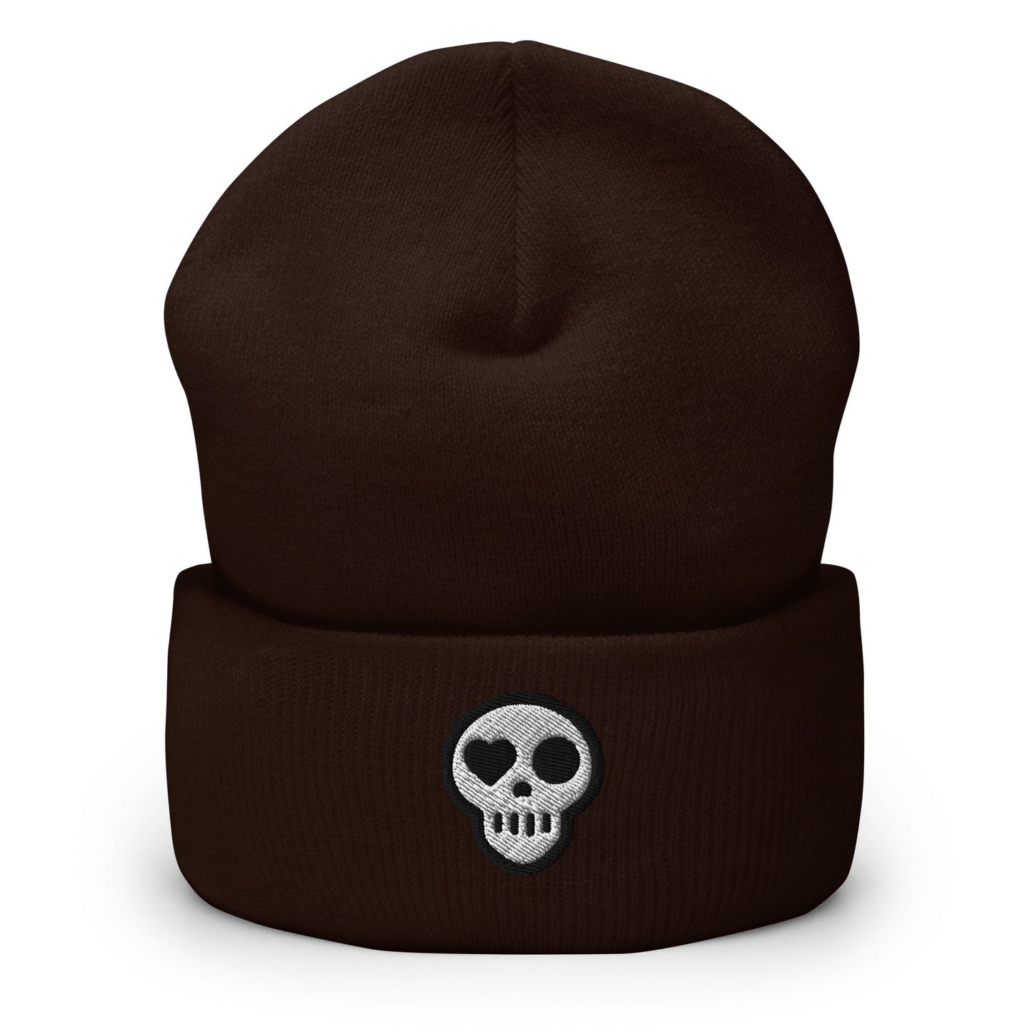 A Brown hats_hearth beanie from Phobea with a heart eye skull logo