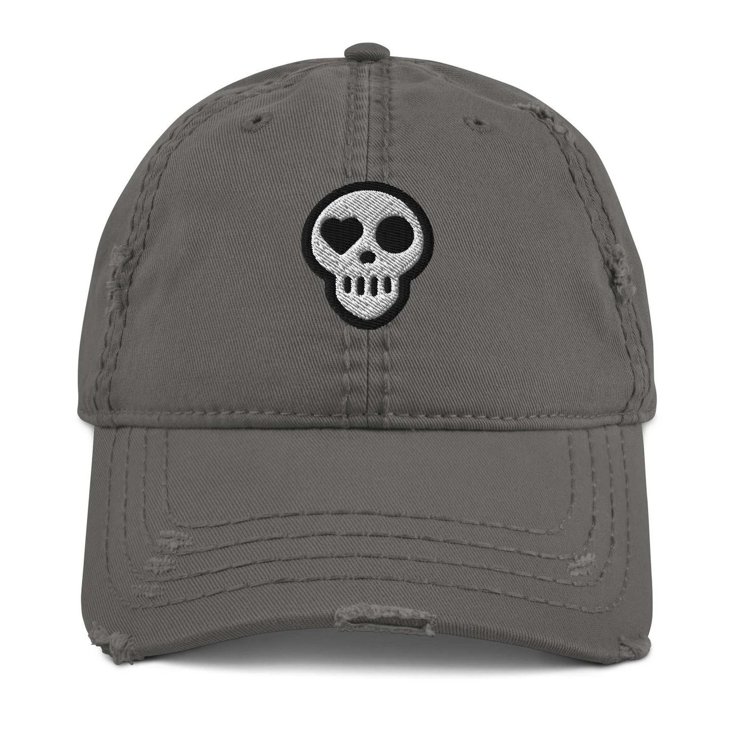 A Charcoal Grey Hats - Requiem Cap from Phobea with a heart eye skull logo