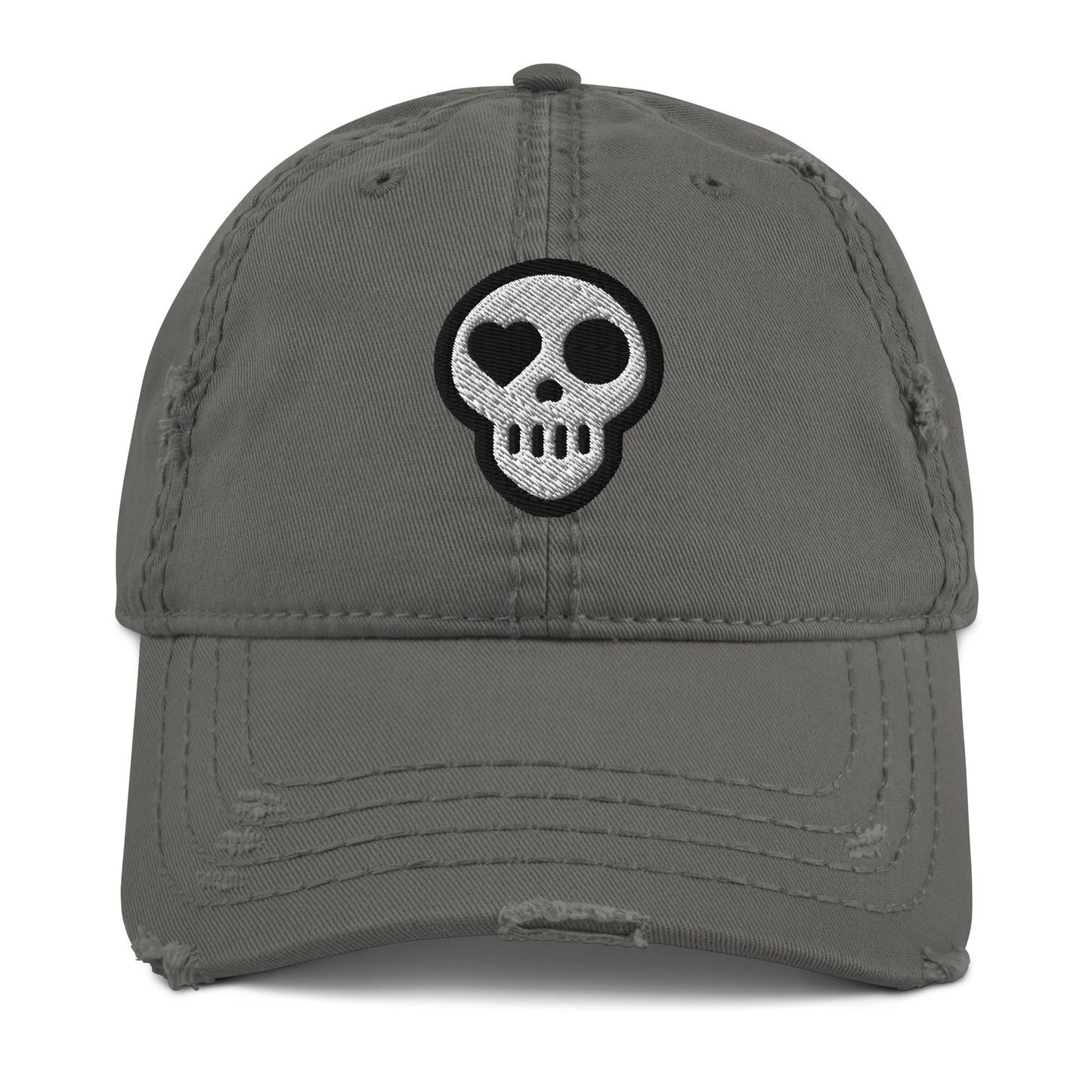 A Charcoal Grey hats_requiem cap from Phobea with a heart eye skull logo