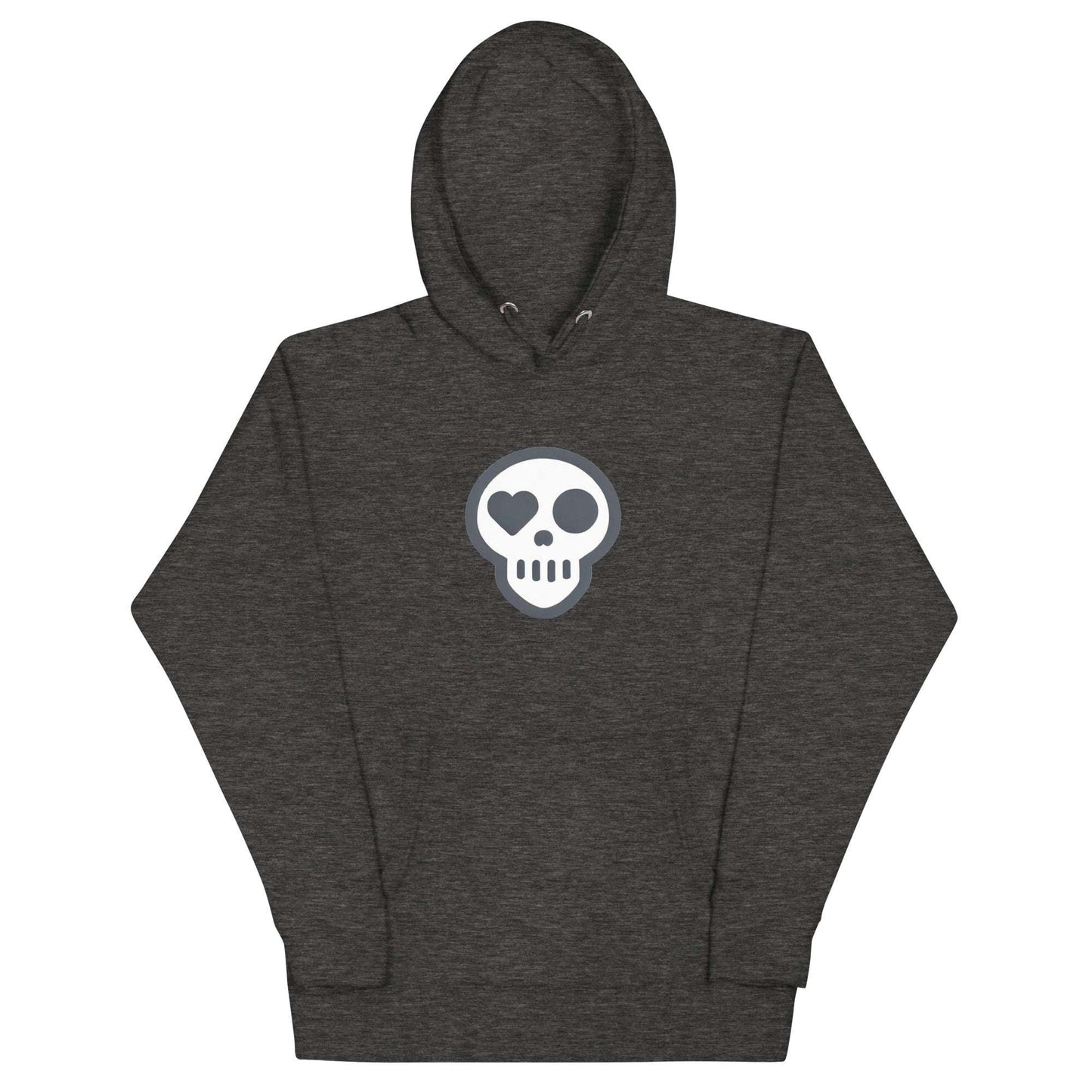 A Charcoal Heather / S unisex_Afterlife Hoodie from Phobea with a heart eye skull logo