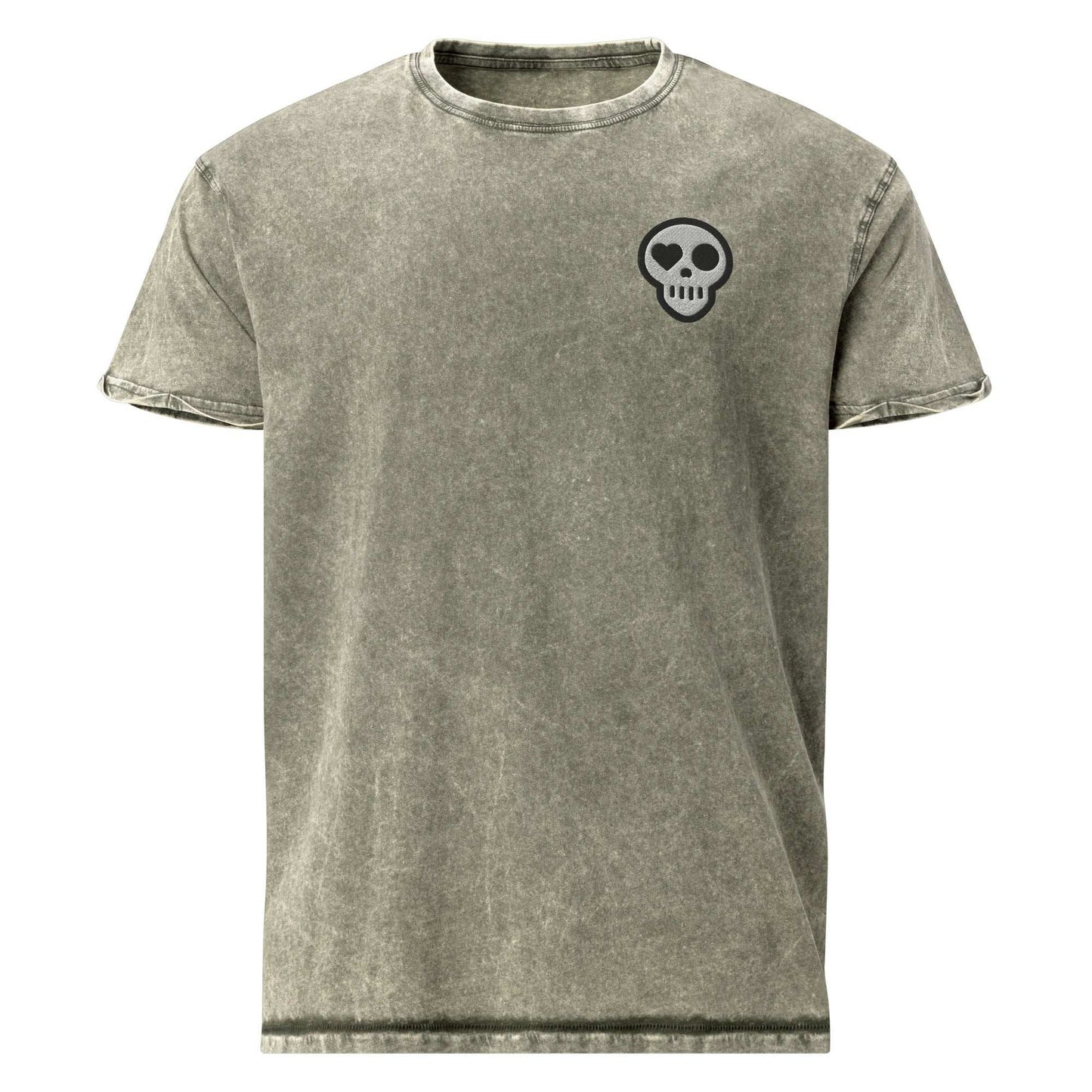 A Dark Army Green / S unisex_Revival Denim from Phobea with a heart eye skull logo