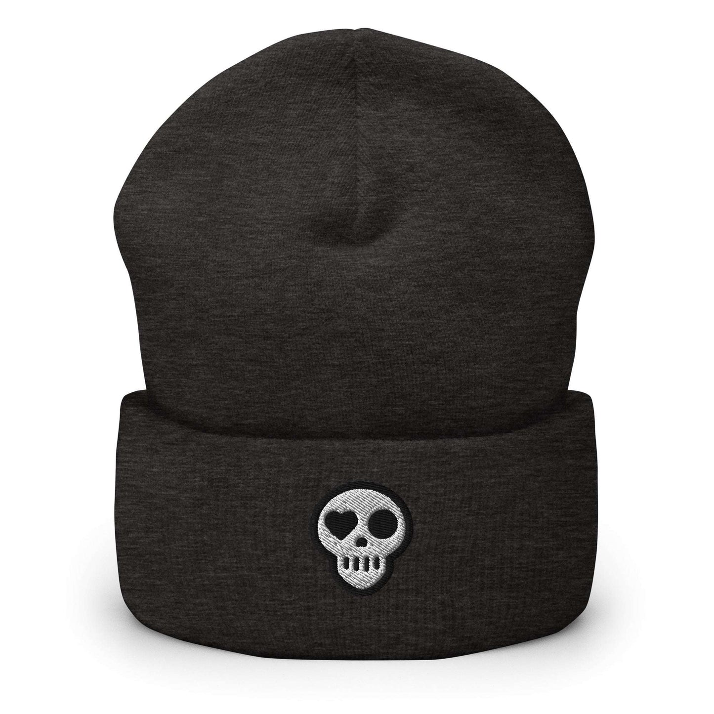 A Dark Grey Hats - Hearth Beanie from Phobea with a heart eye skull logo