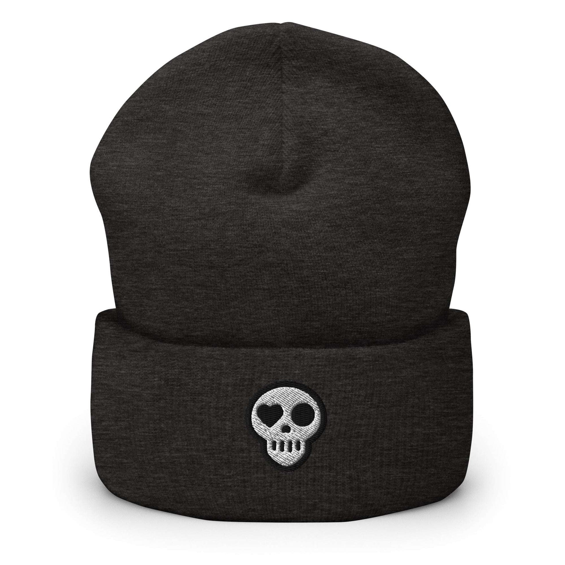 A Dark Grey Hats - Hearth Beanie from Phobea with a heart eye skull logo