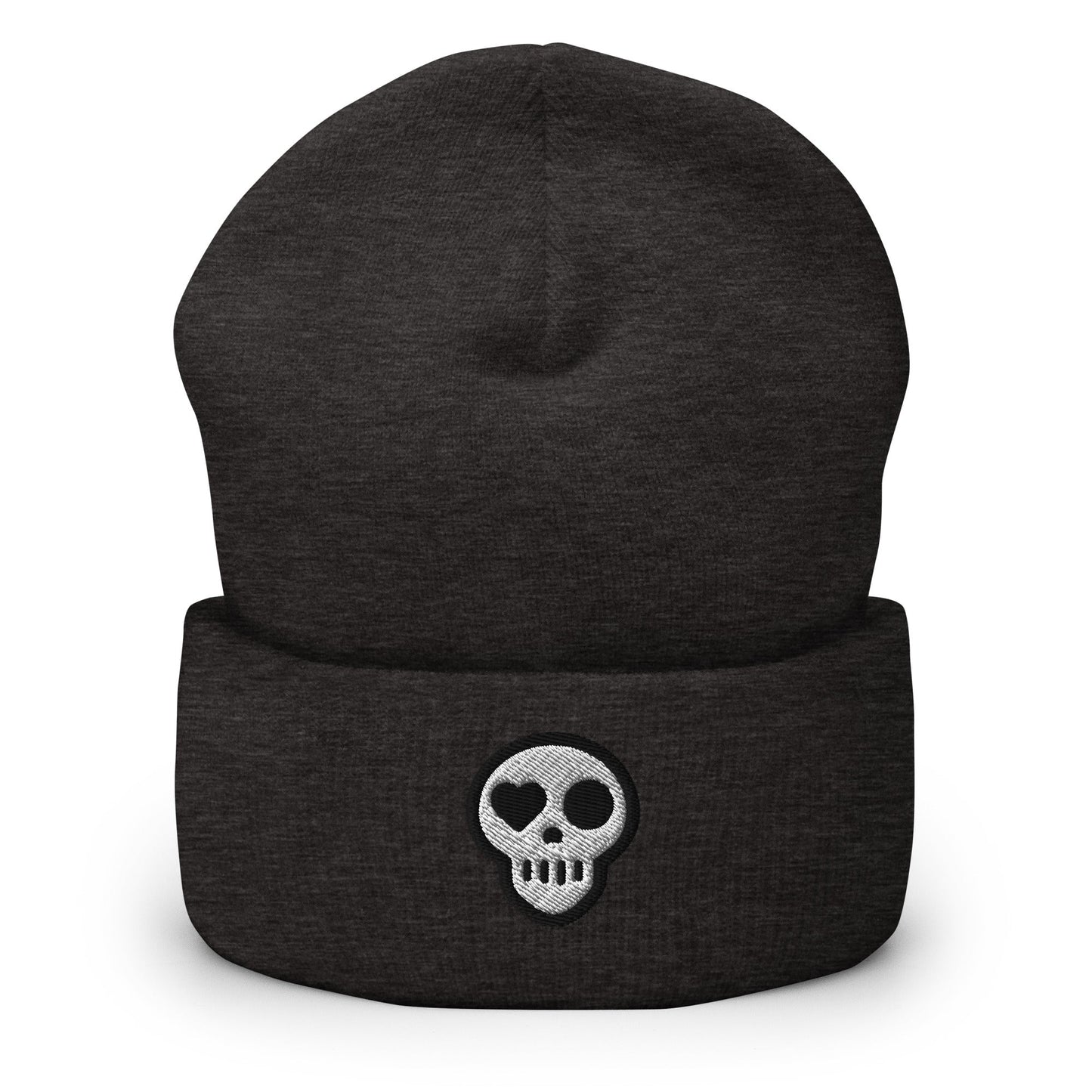 A Dark Grey hats_hearth beanie from Phobea with a heart eye skull logo