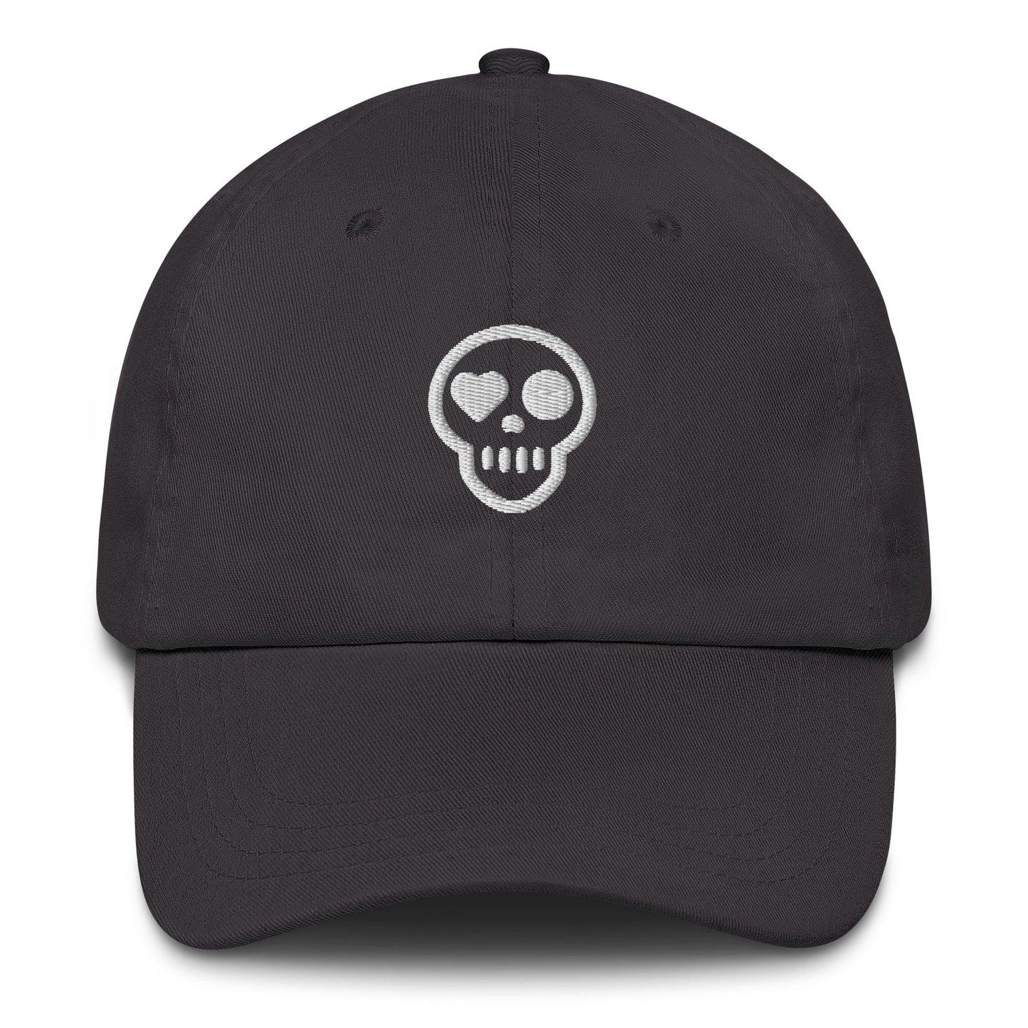 A Dark Grey hats_specter from Phobea with a heart eye skull logo