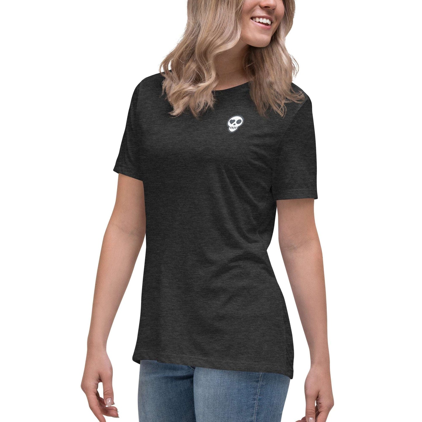 A Dark Grey Heather / S womens_Echo Tee from Phobea with a heart eye skull logo