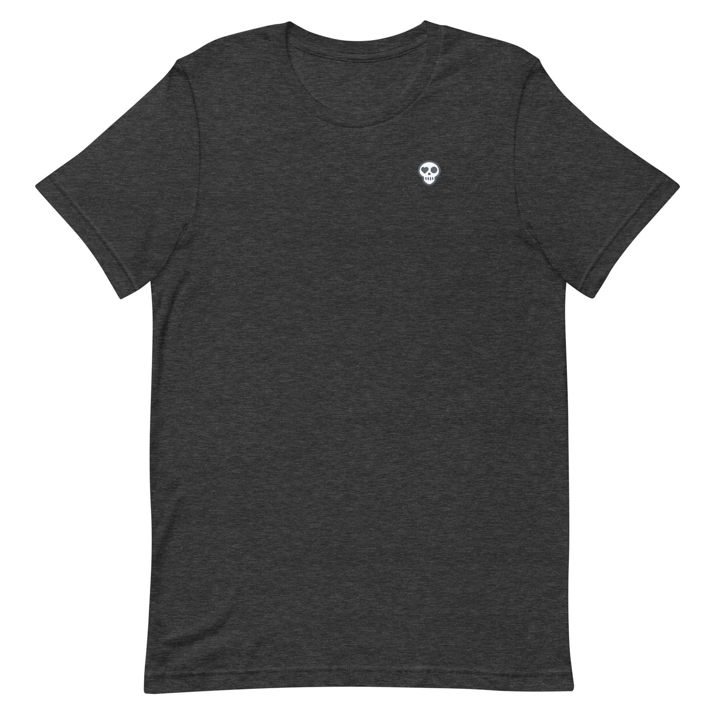 A Dark Grey Heather / XS unisex_Ember Tee from Phobea with a heart eye skull logo