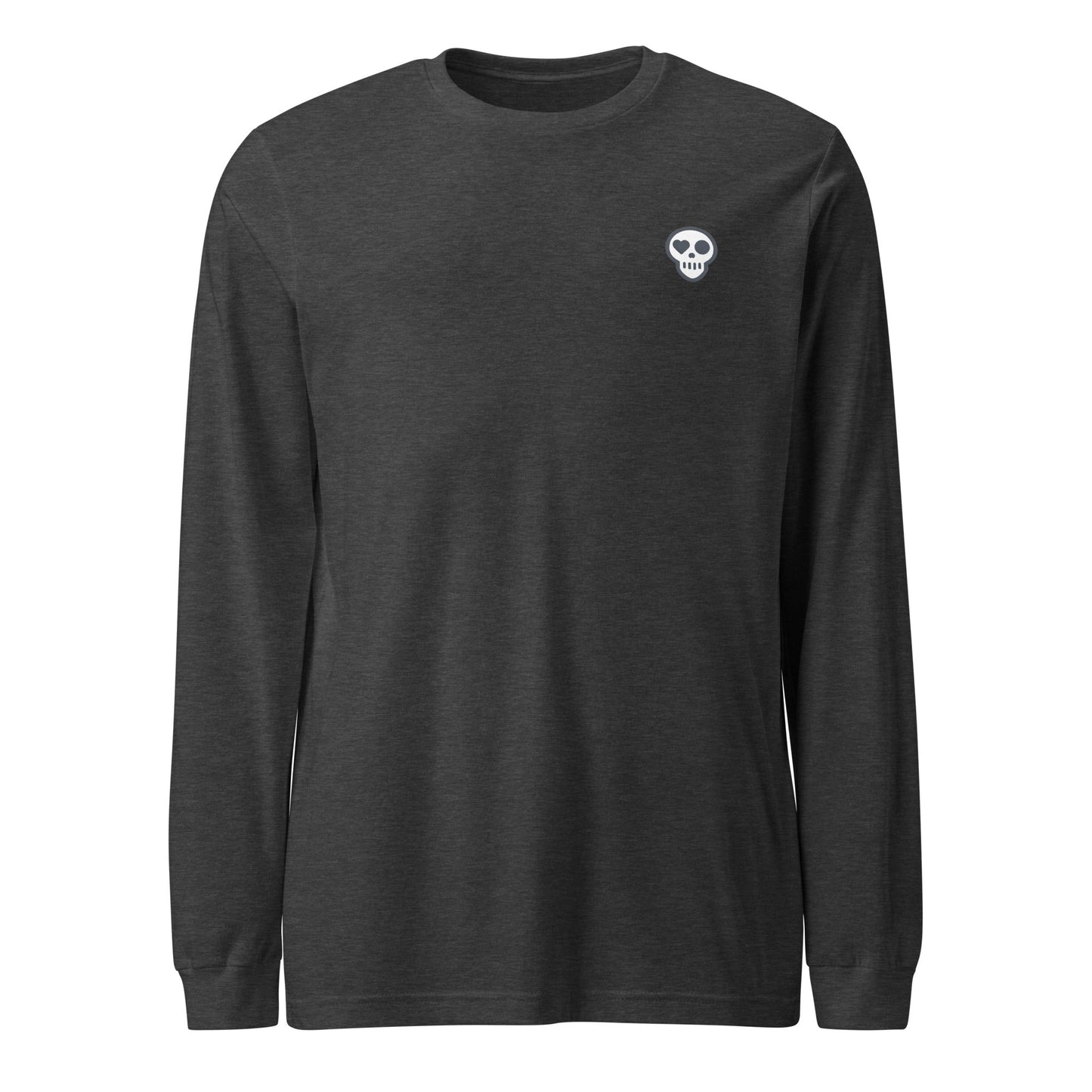 A Dark Grey Heather / XS unisex_no_i_tee_longsleeve from Phobea with a heart eye skull logo