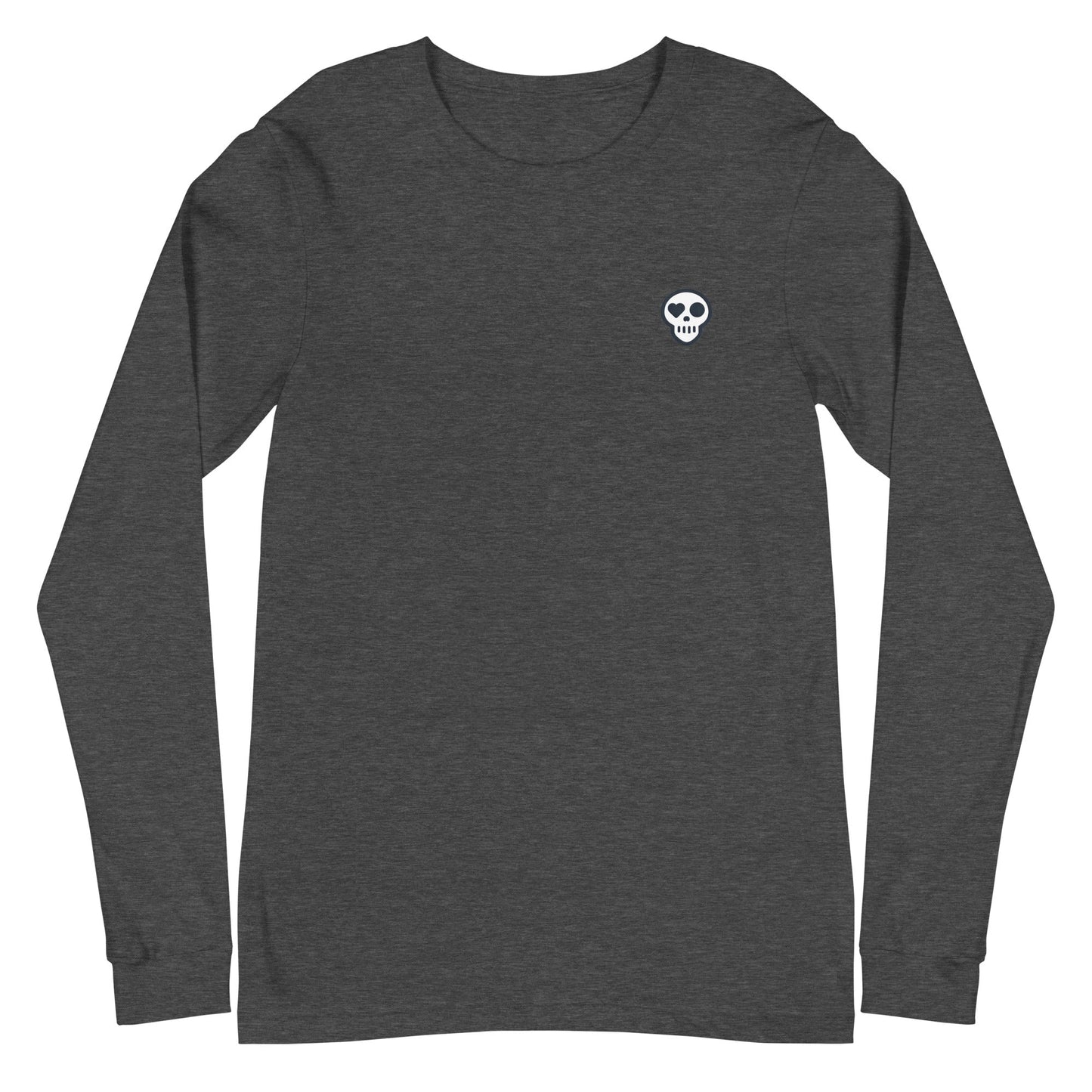 A Dark Grey Heather / XS unisex_resurgence sleeve from Phobea with a heart eye skull logo