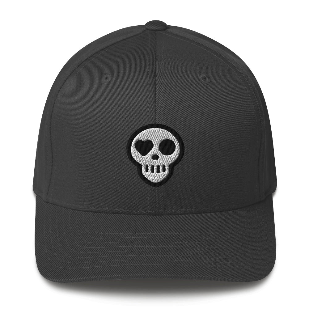 A Dark Grey / S/M hats_fitted eclipse cap from Phobea with a heart eye skull logo