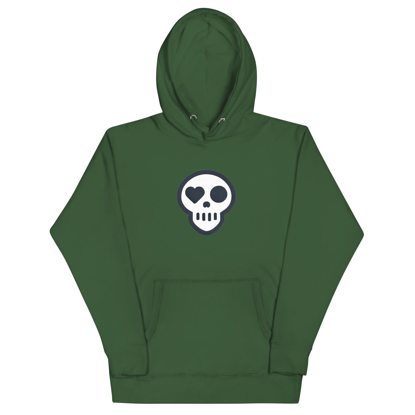 A Forest Green / S unisex_Afterlife Hoodie from Phobea with a heart eye skull logo