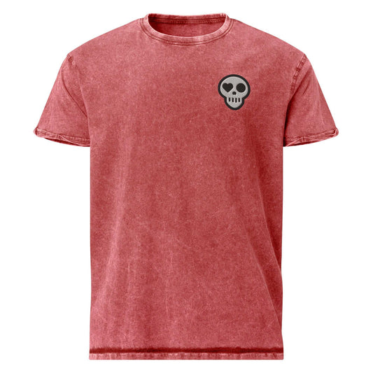 A Garnet Red / S unisex_Revival Denim from Phobea with a heart eye skull logo