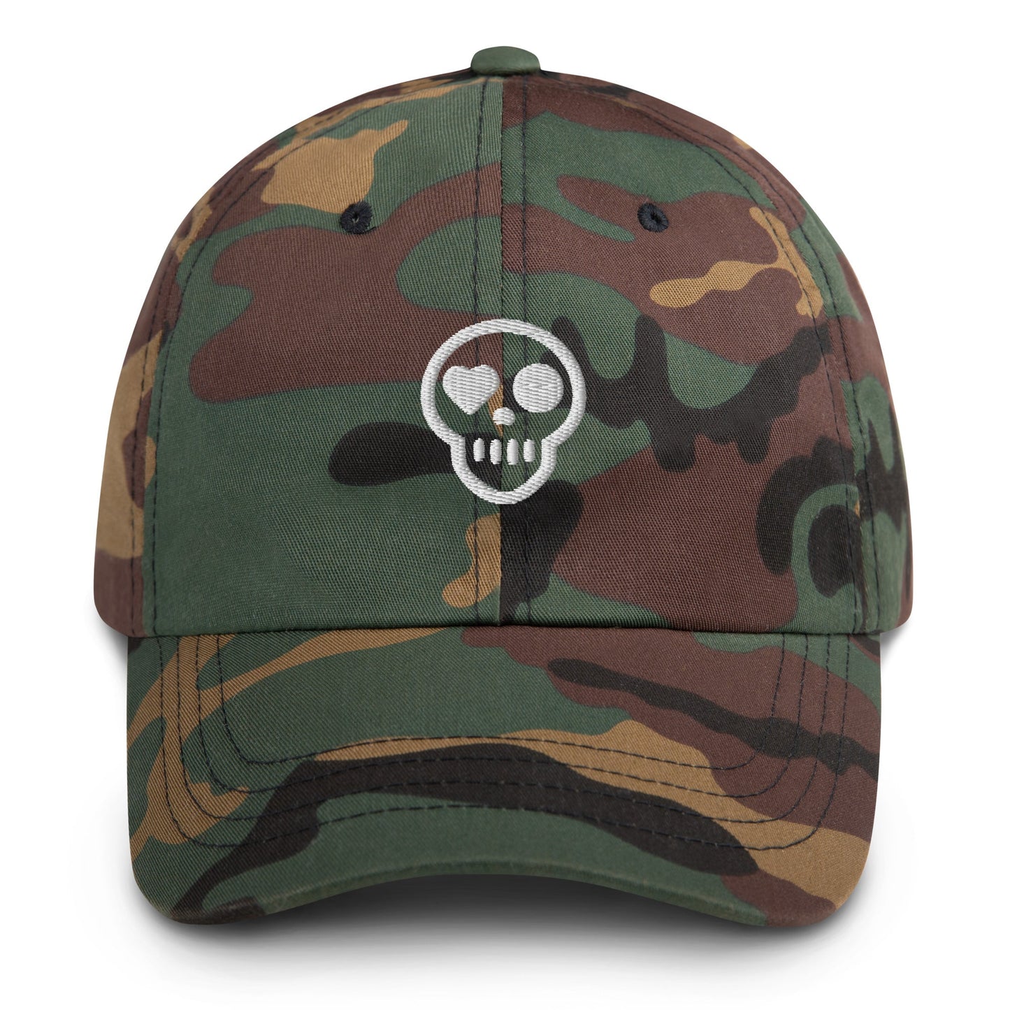 A Green Camo hats_specter from Phobea with a heart eye skull logo