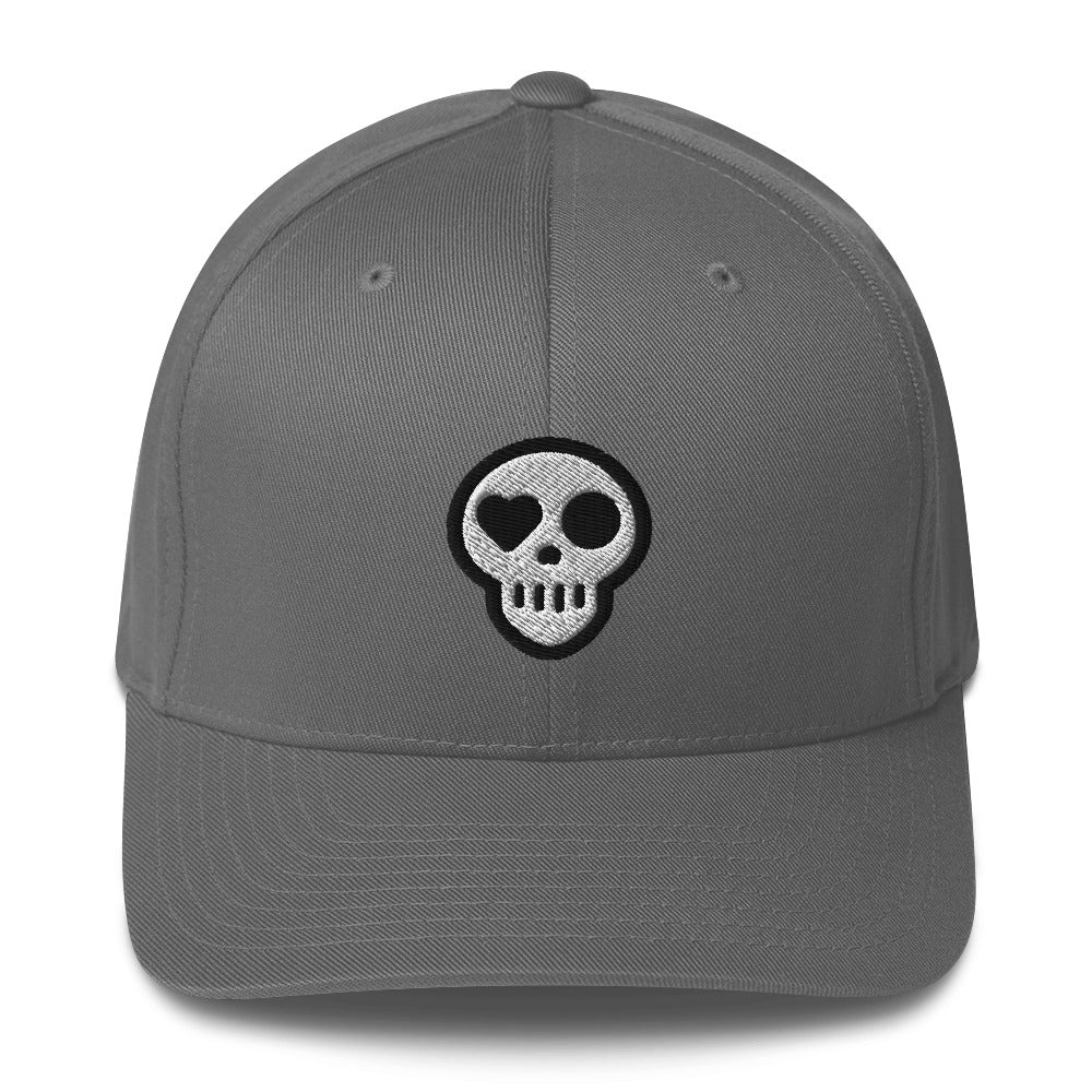 A Grey / S/M hats_fitted eclipse cap from Phobea with a heart eye skull logo