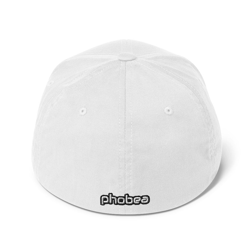 A hats_fitted eclipse cap from Phobea with a heart eye skull logo