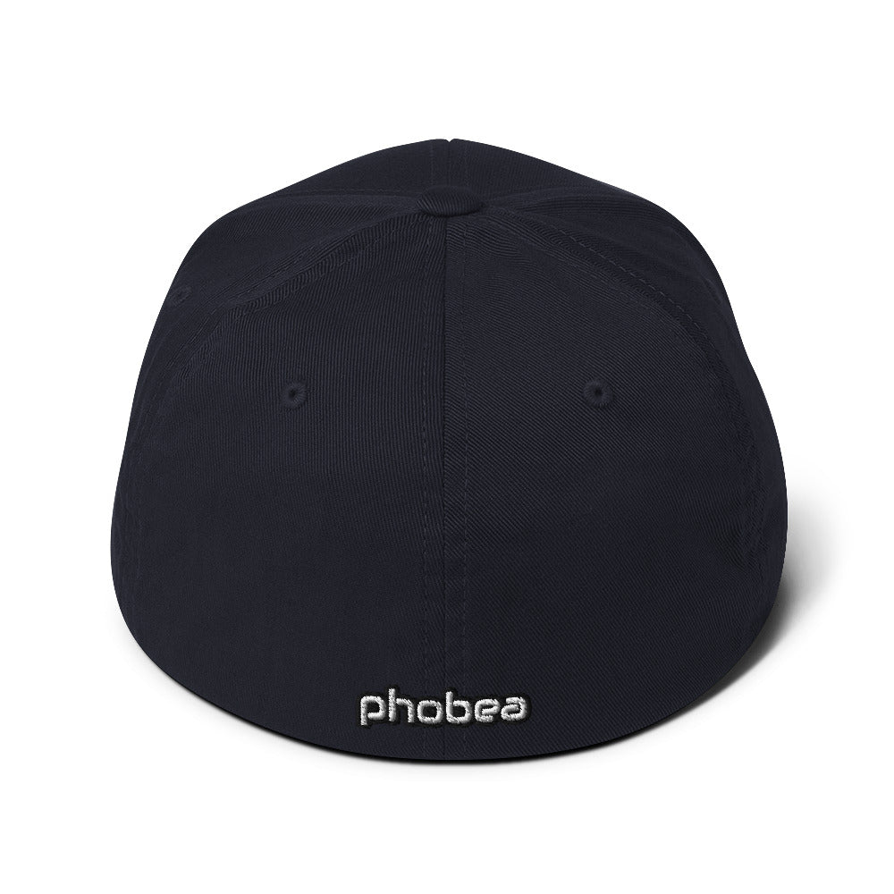 A hats_fitted eclipse cap from Phobea with a heart eye skull logo
