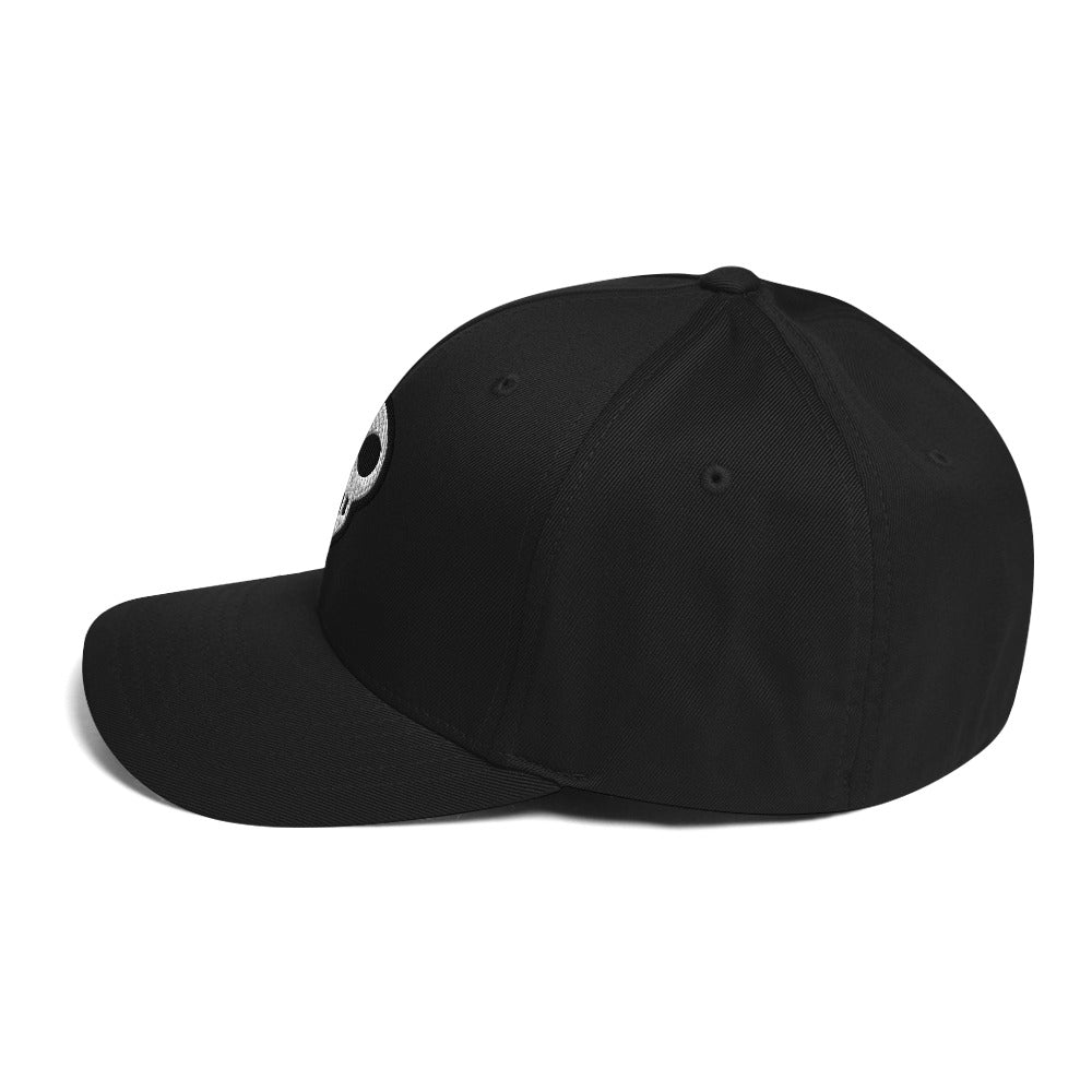 A hats_fitted eclipse cap from Phobea with a heart eye skull logo