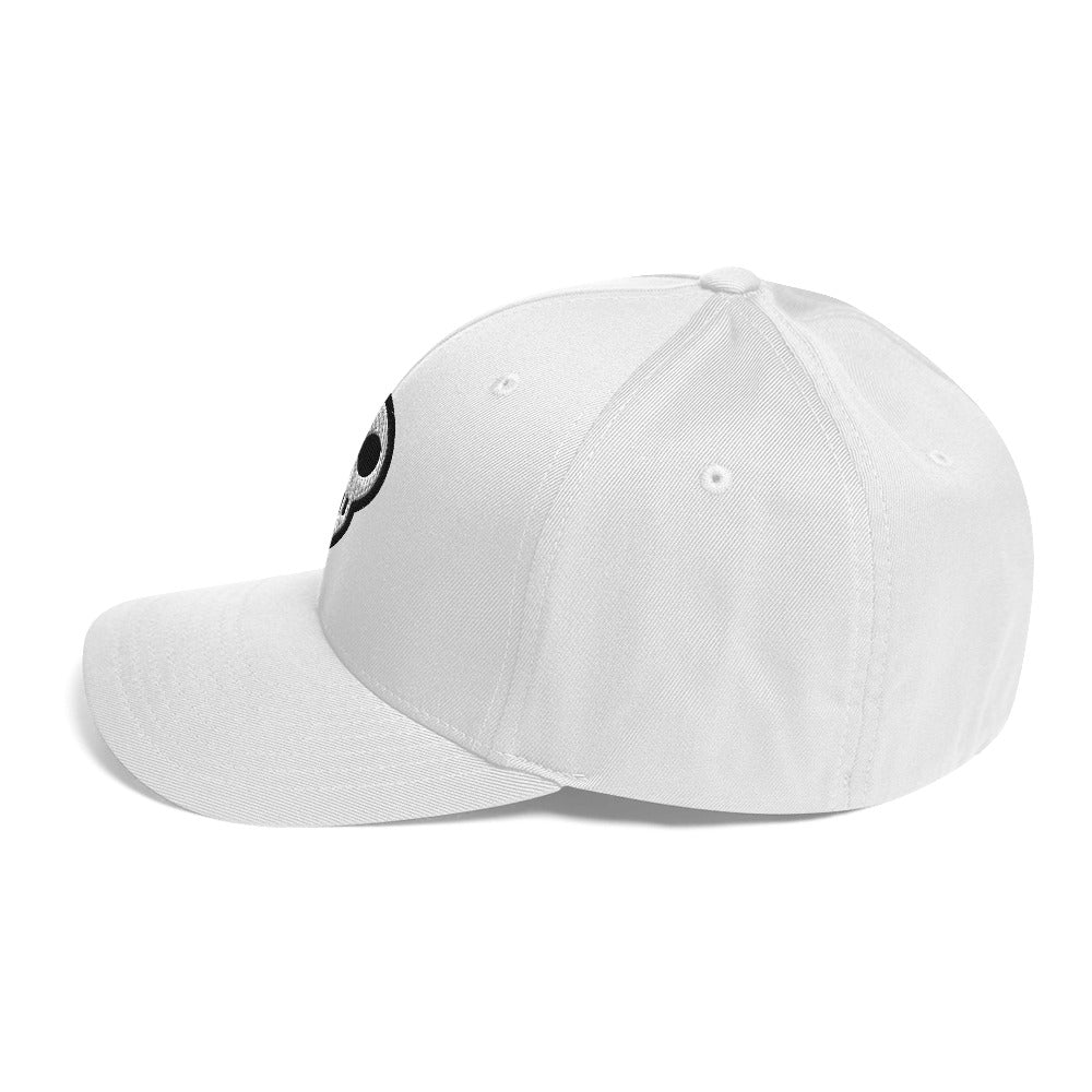 A hats_fitted eclipse cap from Phobea with a heart eye skull logo