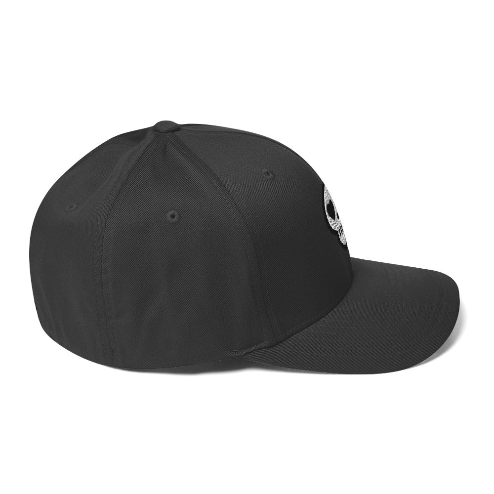 A hats_fitted eclipse cap from Phobea with a heart eye skull logo