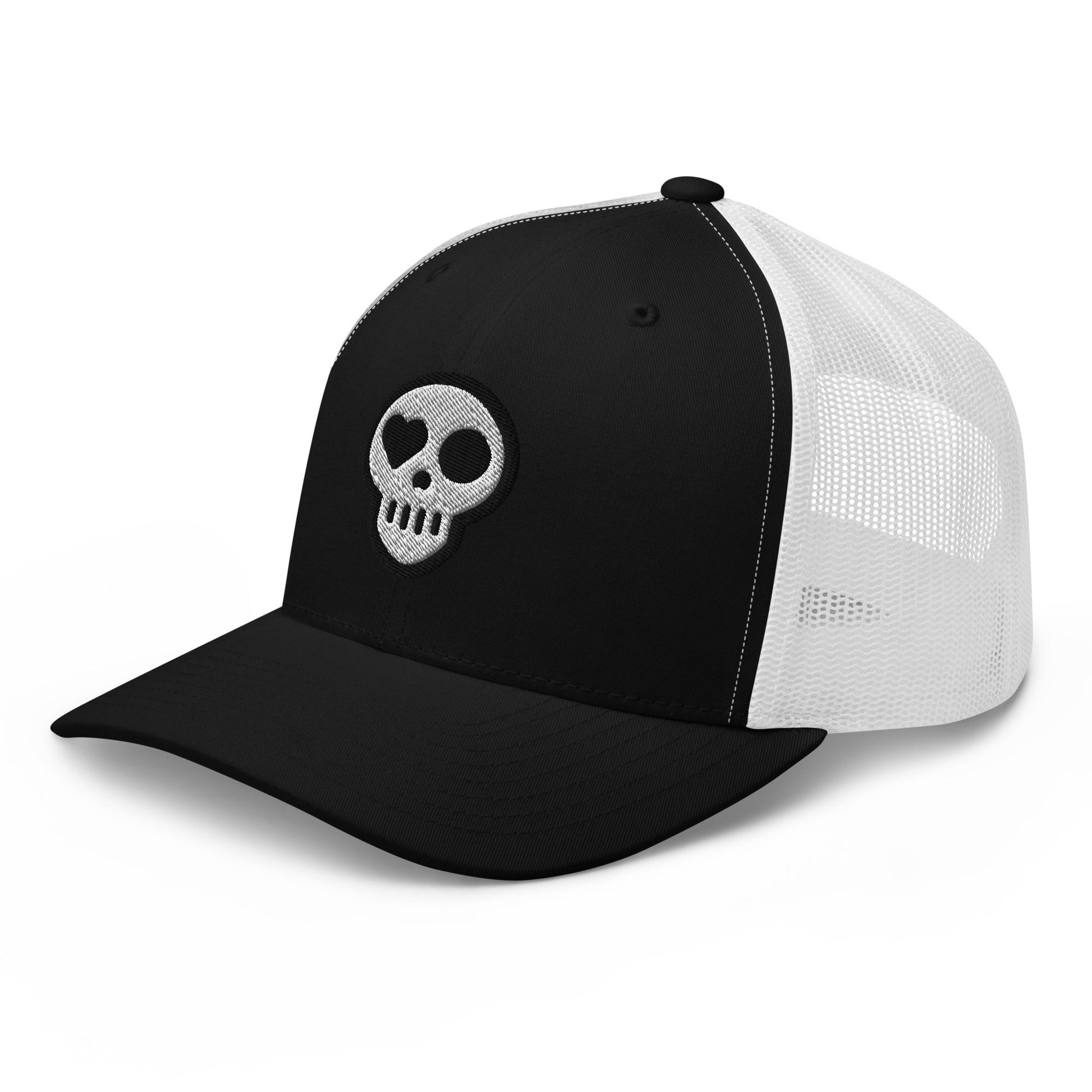 A hats_nomad trucker from Phobea with a heart eye skull logo