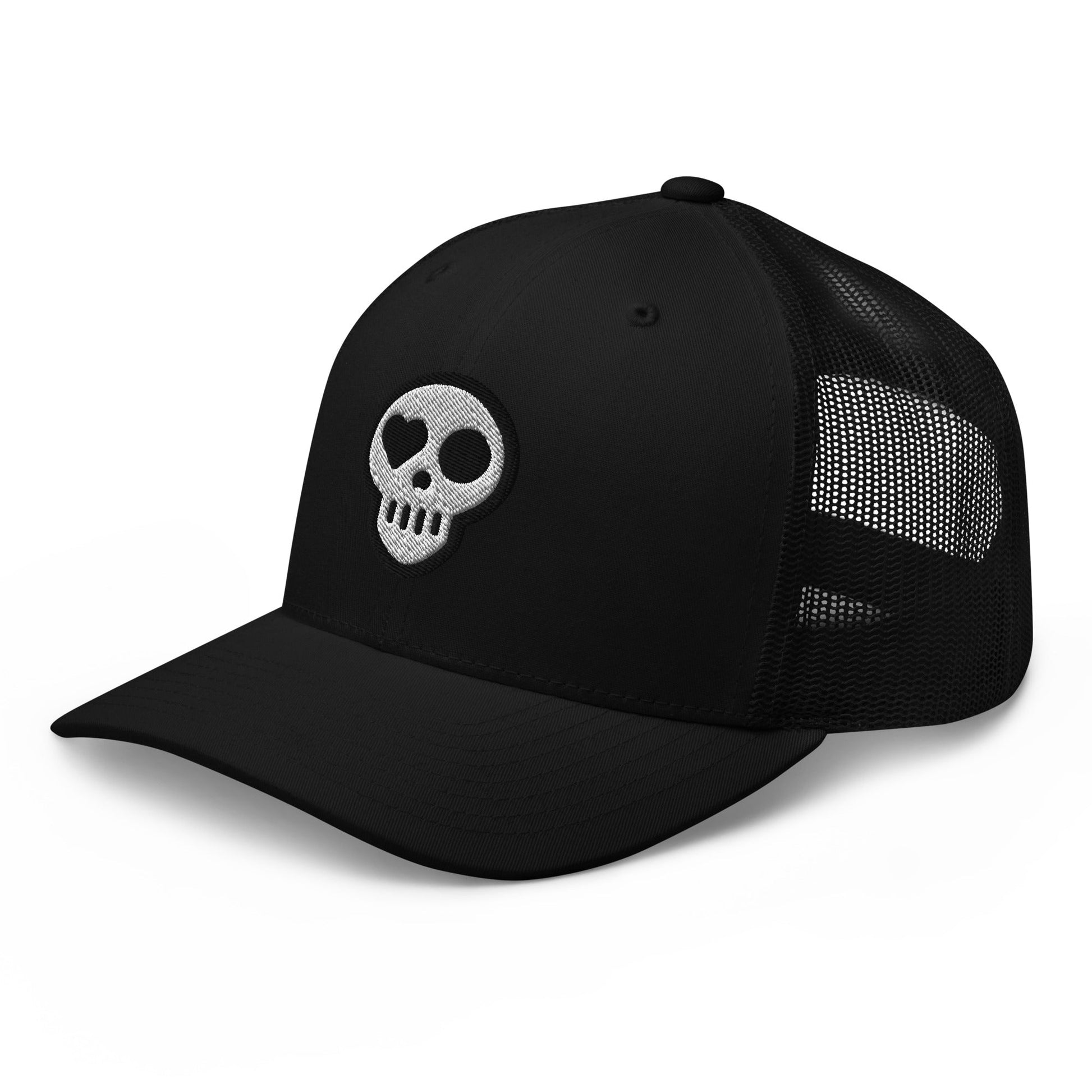 A hats_nomad trucker from Phobea with a heart eye skull logo