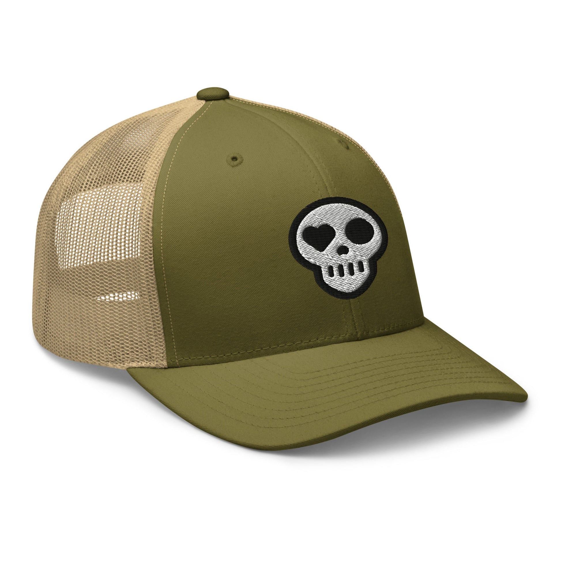 A hats_nomad trucker from Phobea with a heart eye skull logo