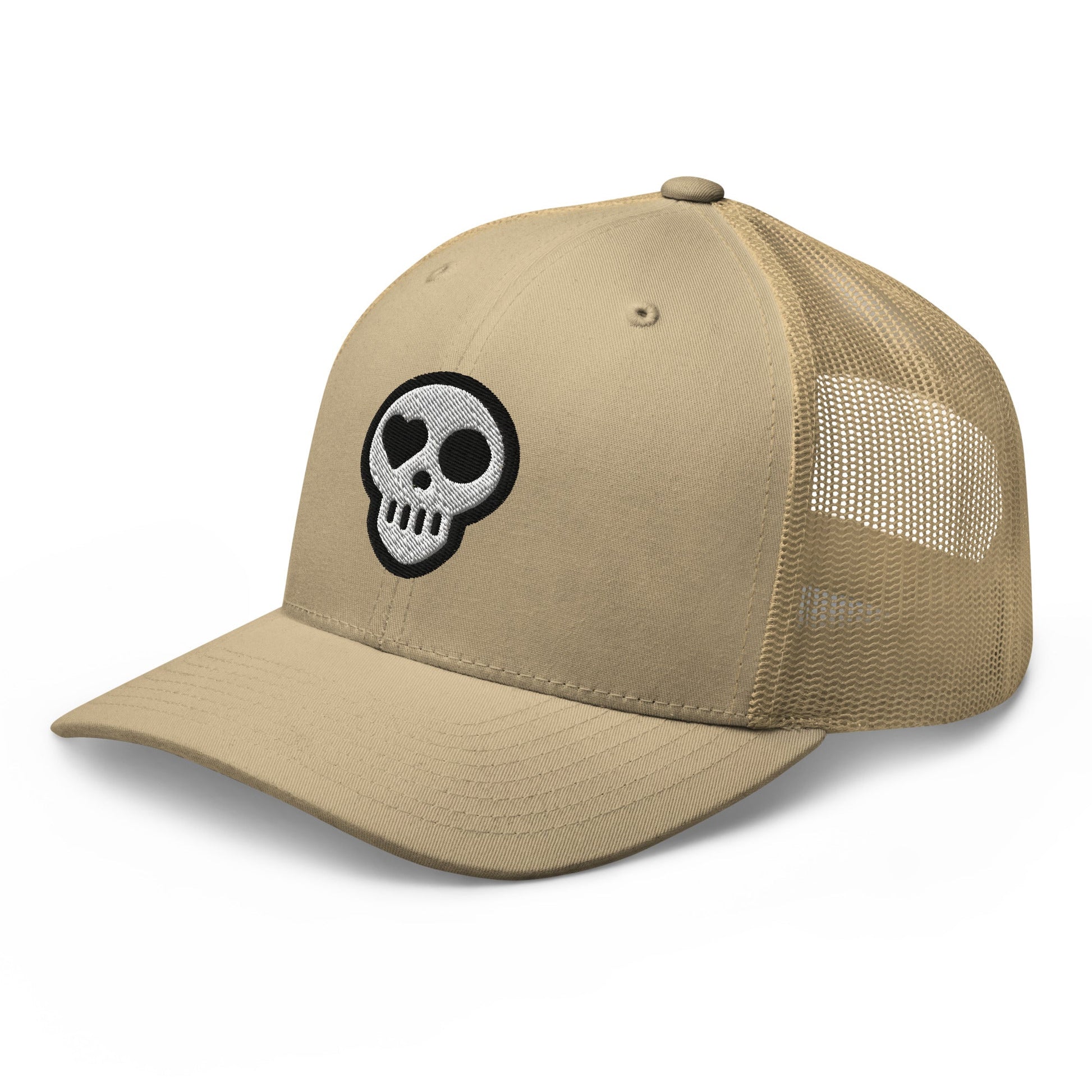 A hats_nomad trucker from Phobea with a heart eye skull logo