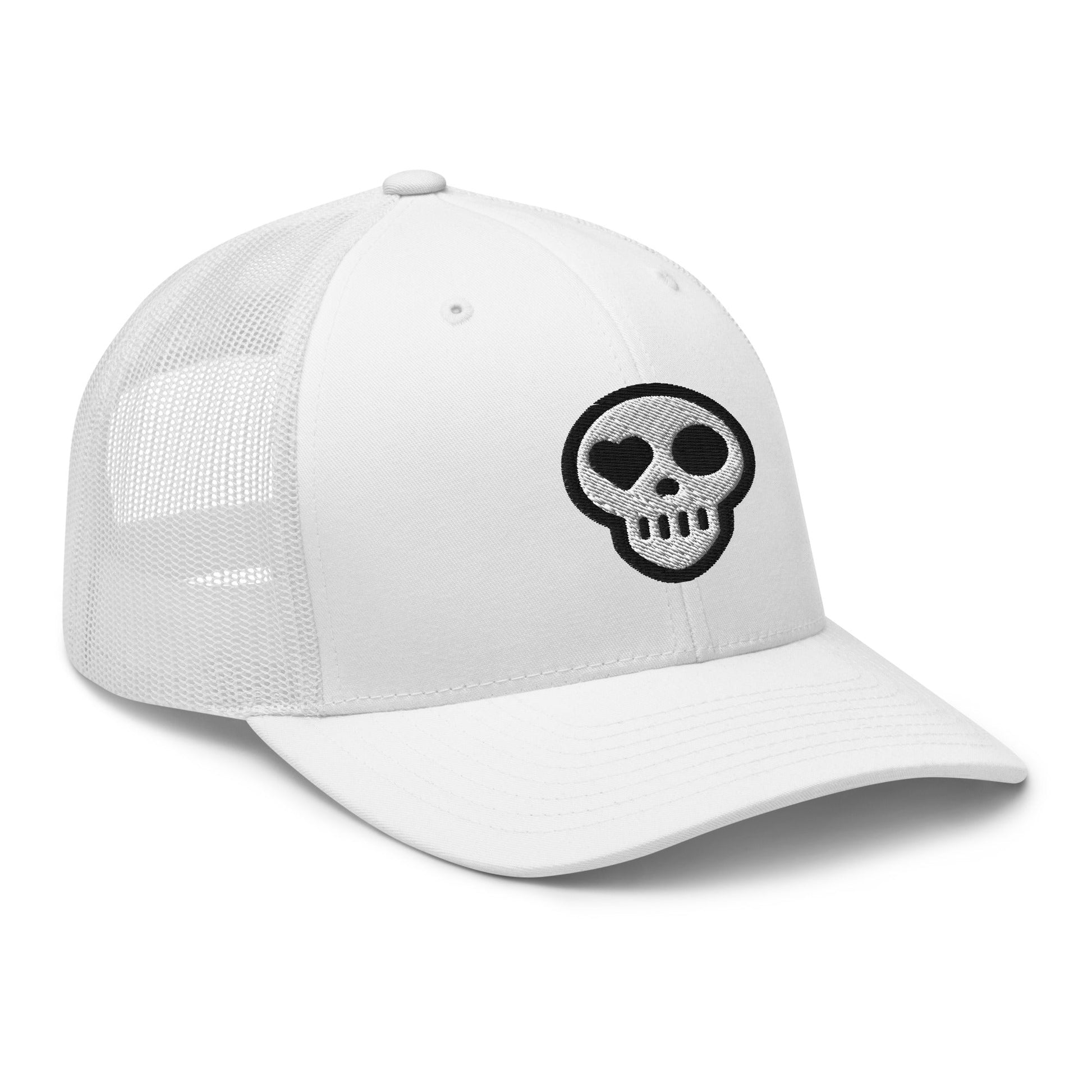 A hats_nomad trucker from Phobea with a heart eye skull logo