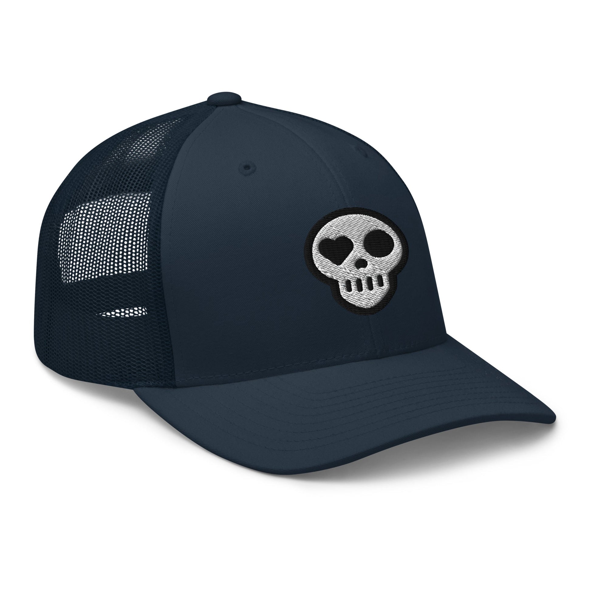 A hats_nomad trucker from Phobea with a heart eye skull logo