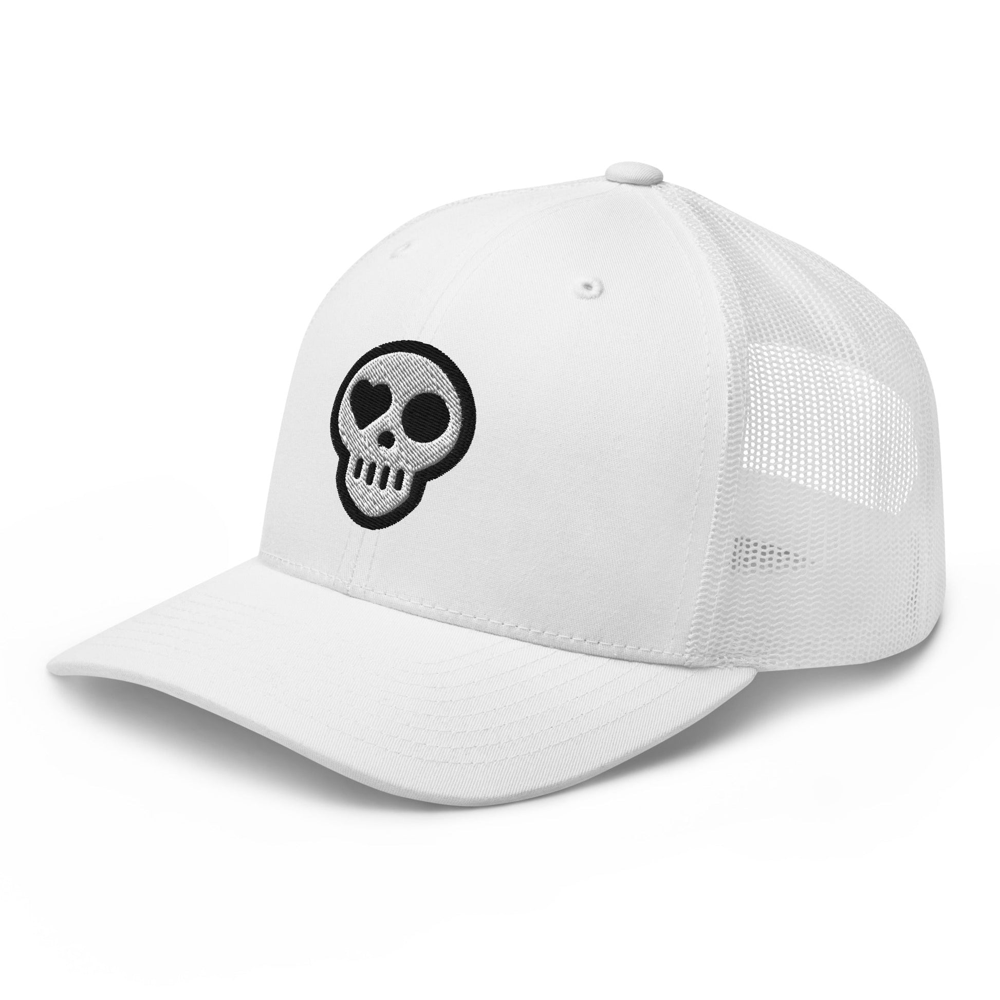 A hats_nomad trucker from Phobea with a heart eye skull logo