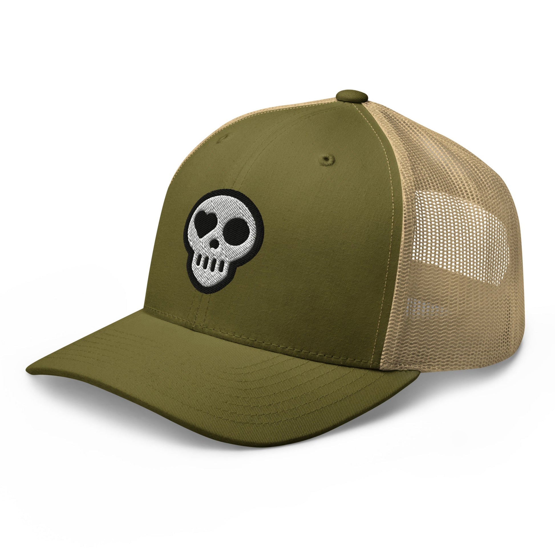 A hats_nomad trucker from Phobea with a heart eye skull logo
