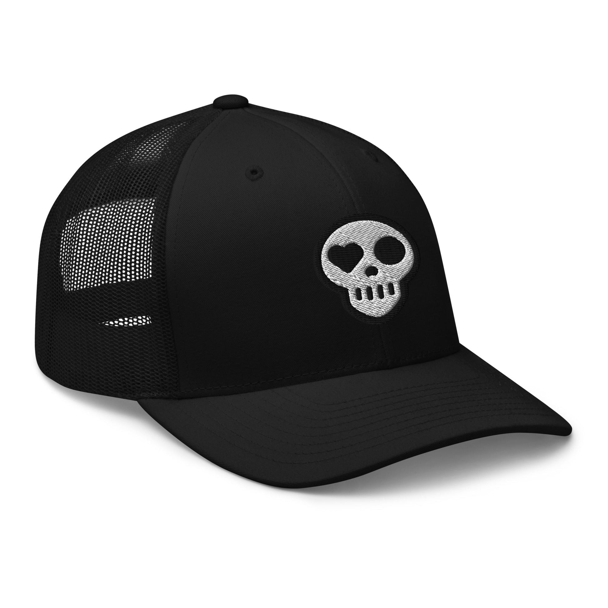 A hats_nomad trucker from Phobea with a heart eye skull logo