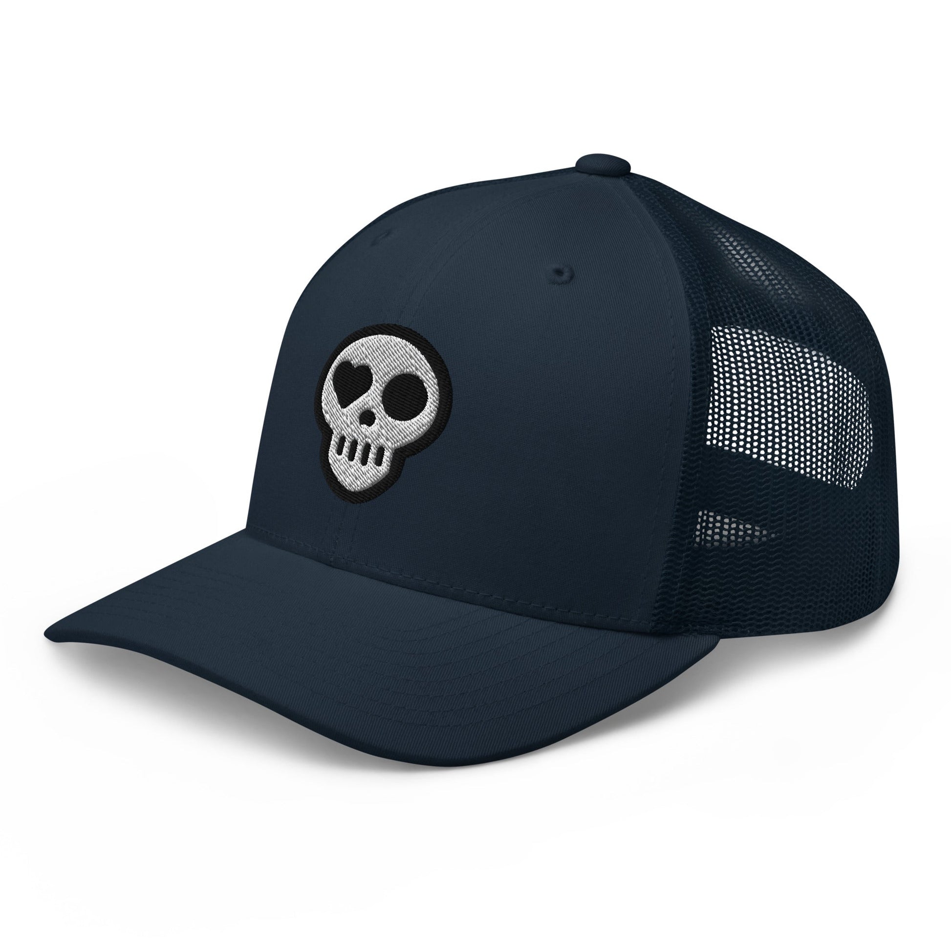 A hats_nomad trucker from Phobea with a heart eye skull logo