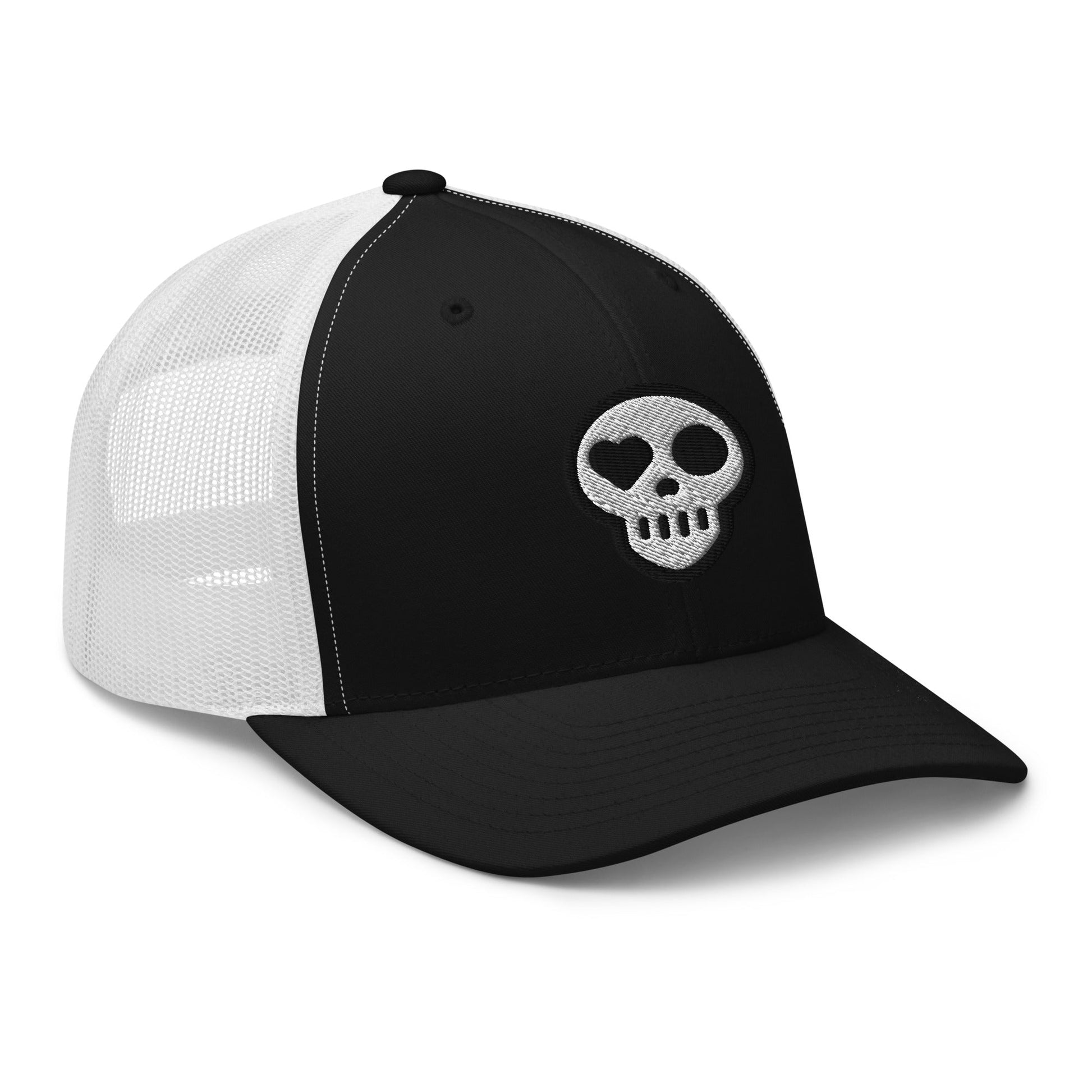 A hats_nomad trucker from Phobea with a heart eye skull logo